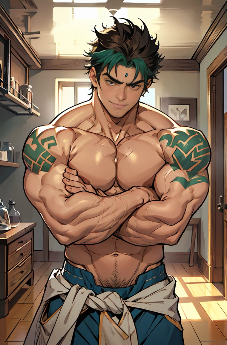 show off thick arms to the audience，Side Body，Sense of evil，Sharp eyes，Thick hair on crotch，Upper body clothes，closeup of arms，The protagonist enthusiastically hugged a thinner and shorter peer around his waist. The peer looked full of enjoyment.，There are strange dark green patterns on his shoulders，Shoulders exposed，Stout arms，Shoulders very broad，Muscles protrude a lot，Bulging crotch，Highest image quality，Pessoas do sexo masculino，Child，1 menino，jovem e bonito，Shoun，Cabelo liso curto，Pele escura，Anime peito grande，anime wallpaper，sozinho，Foco Masculino，cuecas，Dilation of the pectoral muscles，capa vermelhirilha saliente，Fundo Urbano，Espalhe as pernas，sexy,(master part, best quality),meias brancas longaotas Red Martin，((Exaggerated bulge of muscles))，The protagonist is very tall and his head almost reaches the ceiling.，The background is in an interior with vintage furniture and vintage wooden floor surrounding，Lush woods outside the window，musclebound and hulking, muscular characters, super buff and cool, tall and muscular, muscular!!, very buff, 2 muscular attractive men, massive muscles, big muscle, Muscular men, Two anime handsome men, muscular!, gigachad muscles, muscular bodies, muscular character，Giant arm