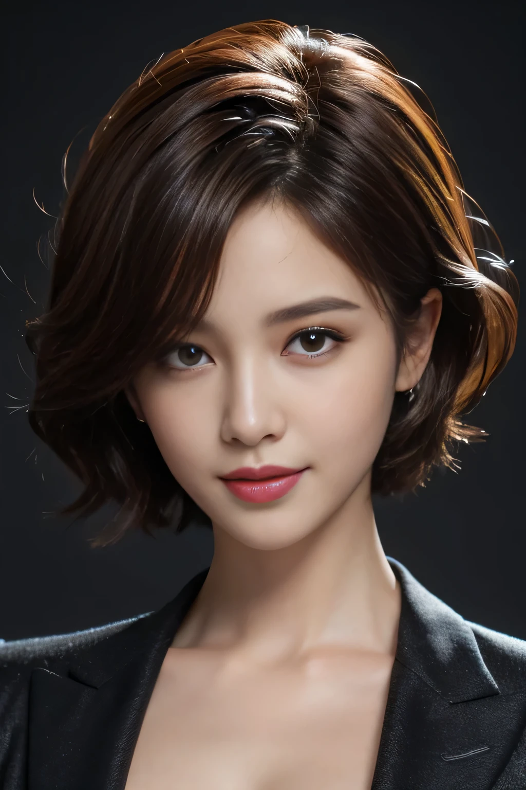 Best quality at best, realistically, ultra - detailed, Detailed pubic hair, A high resolution, solid color backdrop，8k wallpaper, 1 Beautiful woman,Short curly hair details,  Wear a dark suit, lock focus, Perfect dynamic composition, beautidful eyes, Delicate hair, 细致realistically的皮肤纹理, Smiling, closeup portrait, Model body type