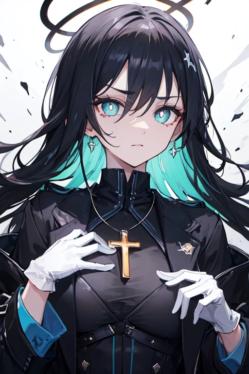 ((Best quality at best)), ((tmasterpiece)), (Detailed pubic hair), Perfect face, stunningly cool girl，Long blue-black hair，A pair of dark horns on the head，There is a halo above the head，Cyan pupils and black vertical pupils，The eyelashes are very long，Slender eyebrows，Delicate and three-dimensional facial features，Handsome nose，Perfect face shape，The expression is grim，Wearing a black coat，Wearing a cross necklace on the chest，Wearing one black and one white gloves on the hands，Close-up of the eyes