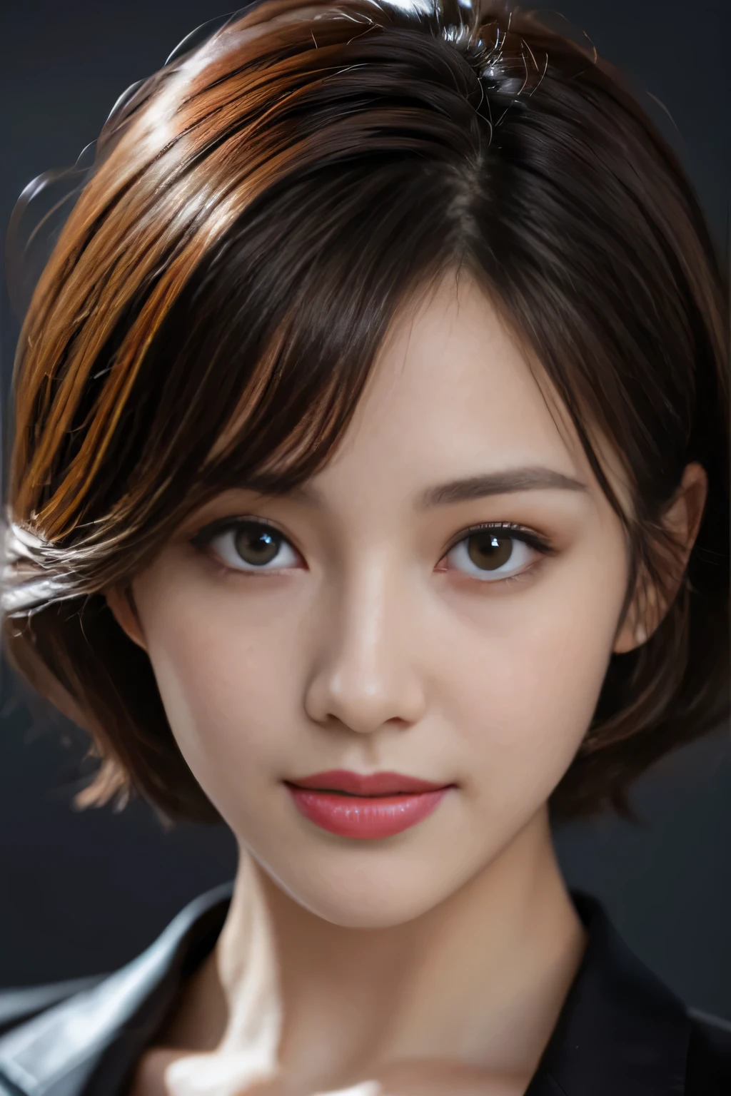 Best quality at best, realistically, ultra - detailed, Detailed pubic hair, A high resolution, solid color backdrop,8k wallpaper, 1 Beautiful woman,Short curly hair details, Wear a dark suit, lock focus, Perfect dynamic composition, beautidful eyes, Delicate hair, 细致realistically的皮肤纹理, Smiling, closeup portrait, Model body type