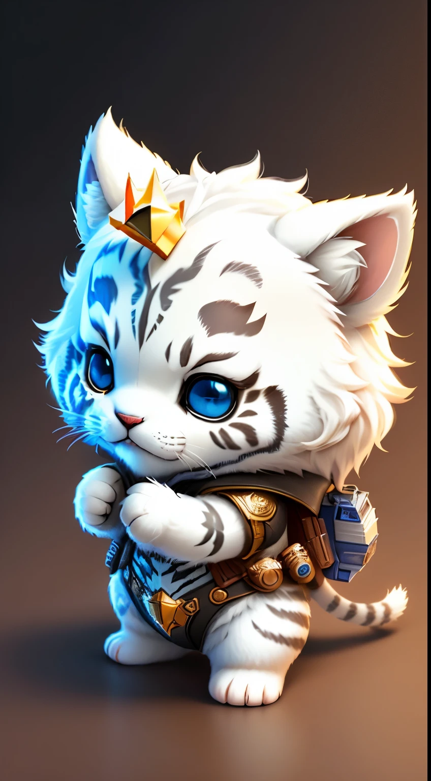 Cute little surreal white tiger with different colored eyes wearing armor, Chibi, adorable and fluffy, Logo Design, cartoon, cinematic lighting effect, Charming, 3D vector art, Cute and quirky, Fantasy Art, Bokeh, handdraw, Digital Painting, Soft lighting, isometric style, 4K resolution, photo realistic render, Highly detailed clean, Vector image, photo-realistic Masterpiece, Professional Photography, Space background, Flat white background, isometric, 鮮やかなVector image