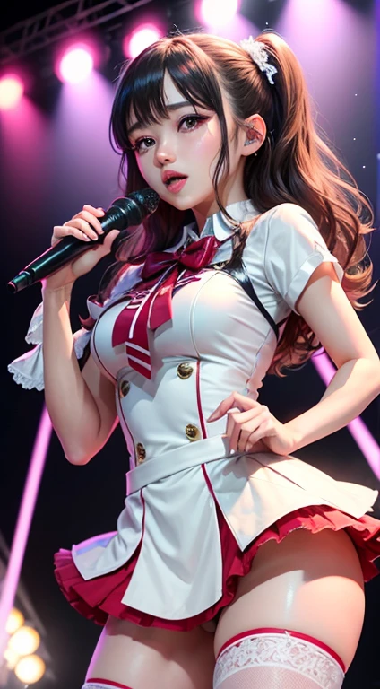 Twin-tailed,AKB48, idol,young Japanese idol,masterpiece, highly detailed, 1girl, solo, on the stage, singing,