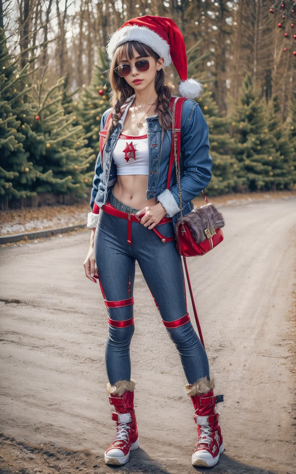 (8K, Masterpiece, RAW photo, Best quality, detail:1.3), (ultra realistic Christmas background, scenary:1.5), Depth of field, Cinematic light, (ultra realistic face), (1 picture of 1 girl Airim Jones:1.4), 1girl, (Beautiful and elegant Russian girl), (skinny girl with glasses), (European face:1.3), (perfect complete full body:1.5), (small necklace, collarbone:1.1), ( [braids|bangs|ponytails|pigtails|bob|pixie] hair:1.5), (ultra detailed skin:1.4), (sexy red Christmas outfit:1.6), (Santa red hat:1.5), (Denim Jacket with Faux Fur Trim and Leggings, Aviator sunglasses, crossbody bag, High-top sneakers or combat boots:1.5), (perfect standing pose:1.5), (perfect long legs:1.4)