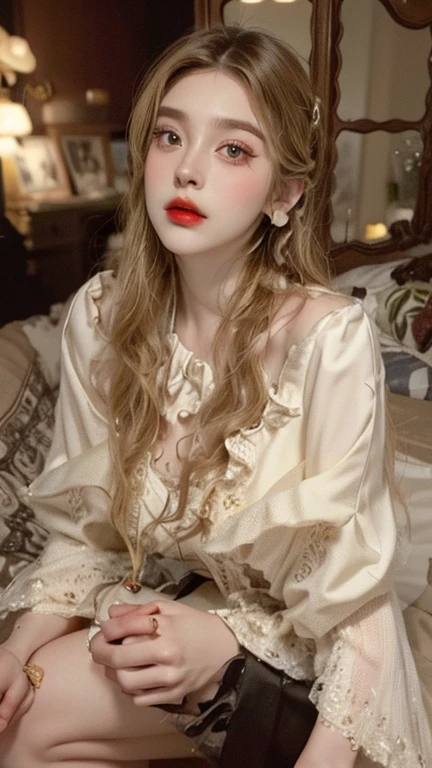 Special clothes39,maid, ((knee shot)), fashi-girl, red lips, mature female, makeup, realisticlying, A high resolution, 1girl, Alone, Just look at the audience, (详细的脸), Nice big eyes, Ultra-fine makeup, Long blonde hair, curlies, messy hair, A plump chest, Skinny figure, Random scenes, Random shooting angle, Casual pose, posing elegantly, Lazy expression