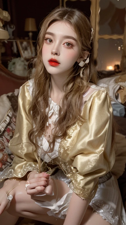 Special clothes39,maid, ((knee shot)), fashi-girl, red lips, mature female, makeup, realisticlying, A high resolution, 1girl, Alone, Just look at the audience, (详细的脸), Nice big eyes, Ultra-fine makeup, Long blonde hair, curlies, messy hair, A plump chest, Skinny figure, Random scenes, Random shooting angle, Casual pose, posing elegantly, Lazy expression