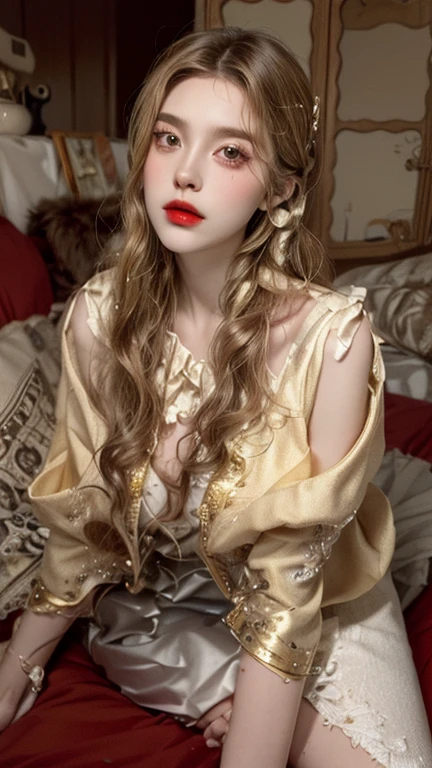 Special clothes39,maid, ((knee shot)), fashi-girl, red lips, mature female, makeup, realisticlying, A high resolution, 1girl, Alone, Just look at the audience, (详细的脸), Nice big eyes, Ultra-fine makeup, Long blonde hair, curlies, messy hair, A plump chest, Skinny figure, Random scenes, Random shooting angle, Casual pose, posing elegantly, Lazy expression