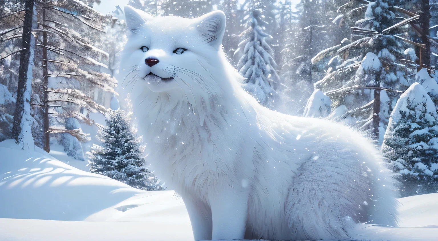 (best quality,4k,8k,highres,masterpiece:1.2),ultra-detailed,(realistic,photorealistic,photo-realistic:1.37),cute snow fox,fluffy fur,snow-covered forest,playful expression,curious eyes,nose twitching,graceful movements,subtle layering of fur,dainty paws,graceful leaps,white and silver color palette,soft natural lighting,whimsical atmosphere,gentle snowfall,majestic snow-covered trees,sparkling icicles