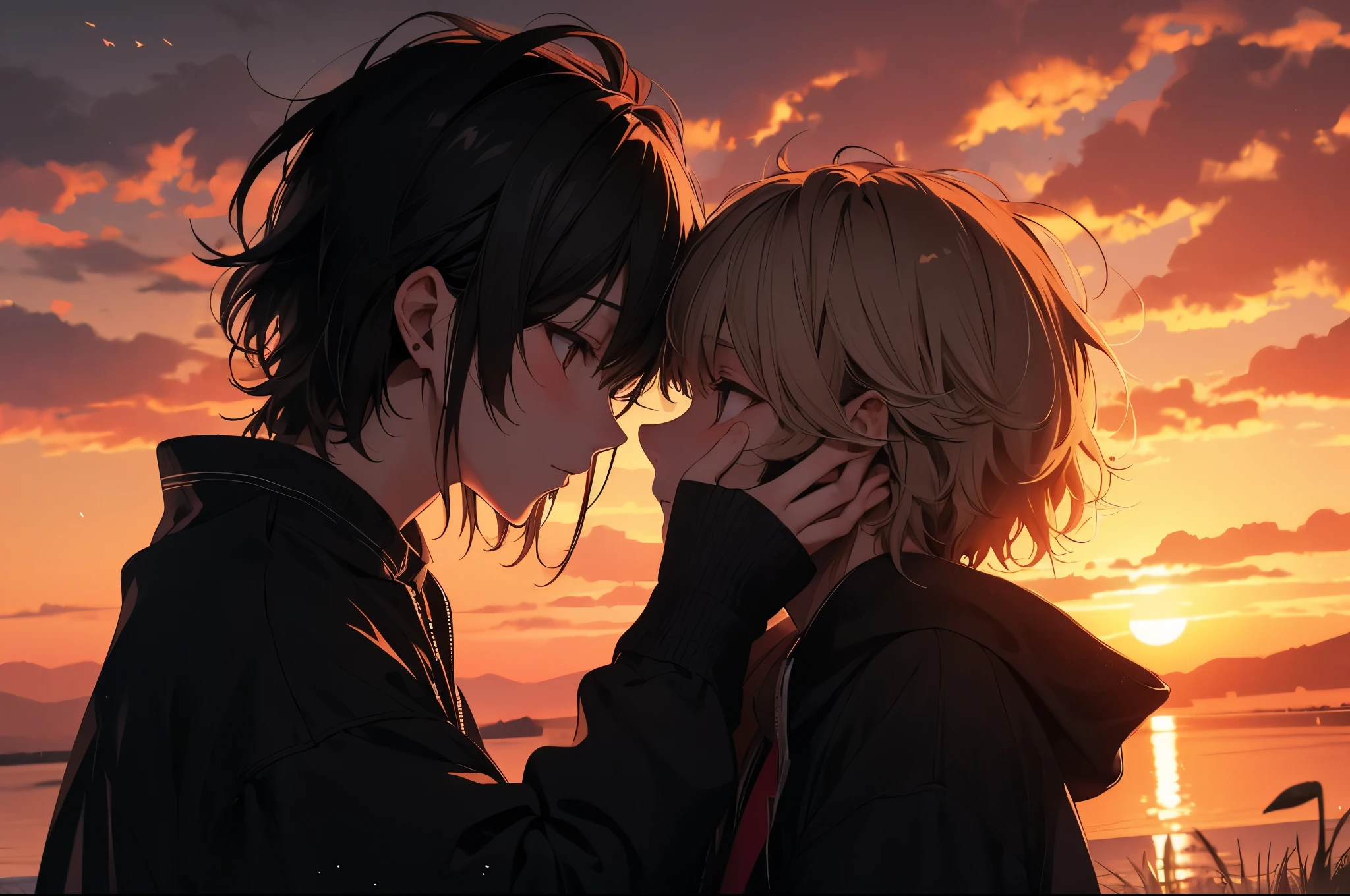 Under a beautiful sunset sky, two anime-style young men stand facing each other. On the right, a young man with short blonde hair partially covers his face with a red flower. On the left, a young man with long black hair, wearing a loose-fitting black garment, gently places his hand on the other’s face. They appear to share a deep bond, illuminated by the soft light of the setting sun. The background exudes a calm and romantic atmosphere, emphasizing their emotional connection.high quality, amount of drawing, pixiv illustration