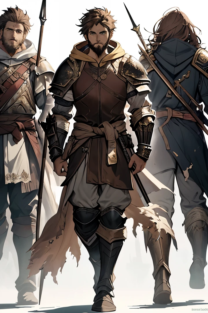 Young male, 22 years old, The Right Direction, brown hair hanging down near eyes, Short brown beard, Green Eyes, A spear in his hands, Large torn cloth, Similar to a cape, wrapped around the waist, Chest armor, gauntlet, Black long-sleeved shirt under armor, Chest armor, hoodie, Correctly drawn spear, spear, cloth, wrapped around his waist, Warriors in Medieval Armor, Shabby Armor, Standing on your feet, Armored Pants, ConceptArt, Character design, Three types.