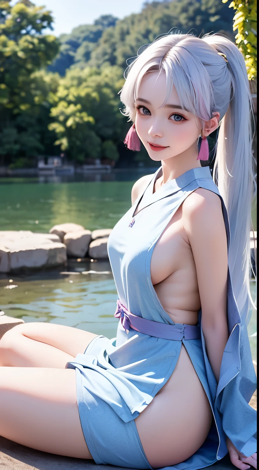 Best quality,tmasterpiece,Extremely Delicately Beautiful,The content is very detailed,CG,gatherings,8k wallpaper,An Astonishing,depth of fields,A -yeld Chse girl,Wearing Chinese Hanfu,very beautiful clothes,Sitting on a stone by the lake,Very cute look,Innocent,delicate skin,Flawless Face,plain face,White hair,medium length gray hair,high ponytails,There are two strands of white hair on both sides of the ears,Wear pink hair accessories,skyblue eyes,Elaborate Eyes,sparkle in eyes,laughing very happily