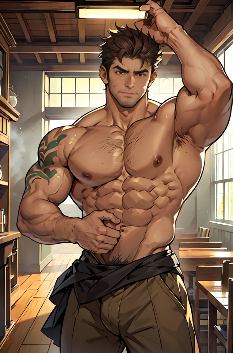 show off thick arms to the audience，Side Body，Sense of evil，Sharp eyes，Thick dark brown hair on crotch，Upper body clothes，closeup of arms，The protagonist enthusiastically hugged a thinner and shorter peer around his waist. The peer looked full of enjoyment.，There are strange dark green patterns on his shoulders，Shoulders exposed，Stout arms，Shoulders very broad，Muscles protrude a lot，Bulging crotch，Highest image quality，Pessoas do sexo masculino，Child，1 menino，jovem e bonito，Shoun，Cabelo liso curto，Pele escura，Anime peito grande，anime wallpaper，sozinho，Foco Masculino，cuecas，Dilation of the pectoral muscles，capa vermelhirilha saliente，Fundo Urbano，Espalhe as pernas，sexy,(master part, best quality),meias brancas longaotas Red Martin，((Exaggerated bulge of muscles))，The protagonist is very tall and his head almost reaches the ceiling.，The background is in an interior with vintage furniture and vintage wooden floor surrounding，Lush woods outside the window，musclebound and hulking, muscular characters, super buff and cool, tall and muscular, muscular!!, very buff, 2 muscular attractive men, massive muscles, big muscle, Muscular men, Two anime handsome men, muscular!, gigachad muscles, muscular bodies, muscular character，Giant arm