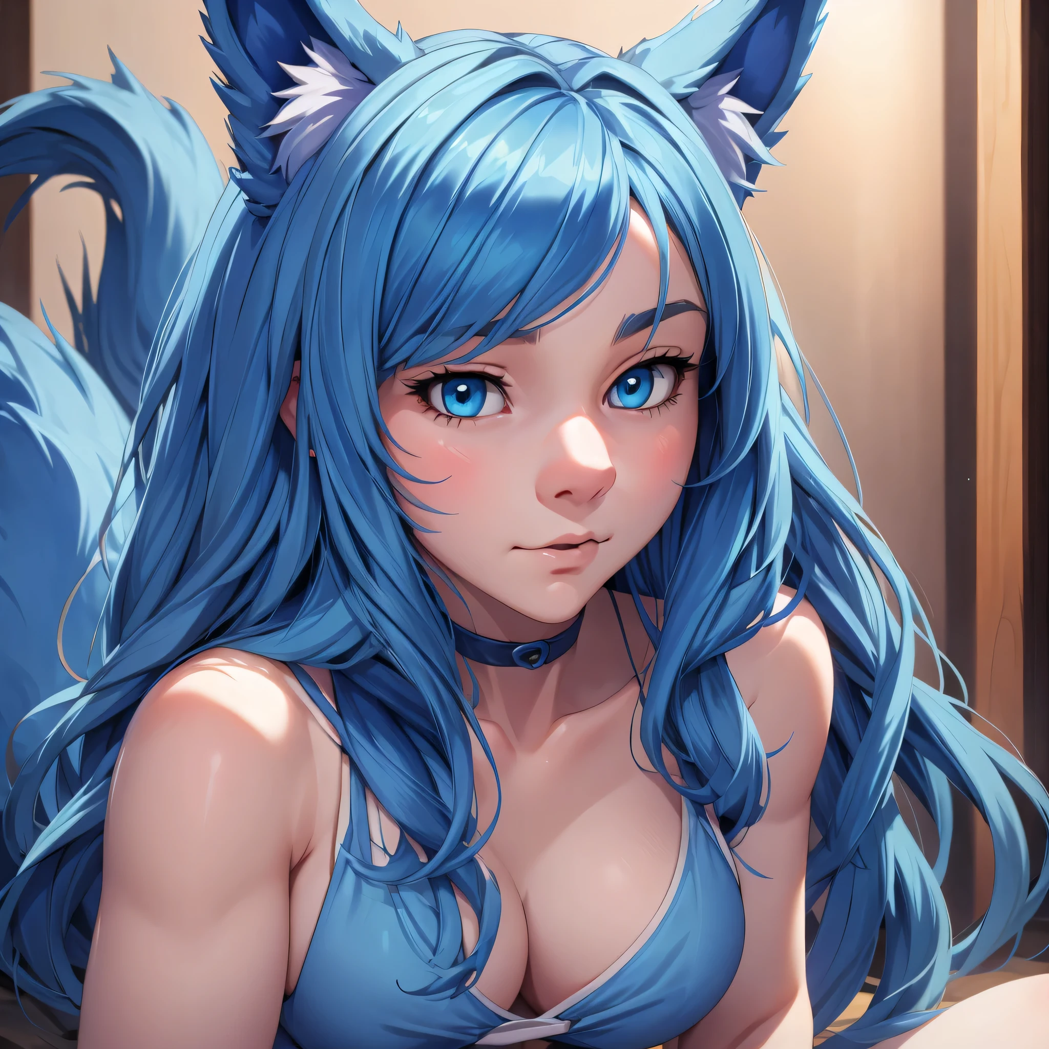 (Masterpiece) (High Detail) (High Res) A close up of a short ite humanoid girl with pale human skin and blue eyes and long blue hair and blue dog ears and a big fluffy dog tail and small average breasts. British face. She is giving a blowjob.