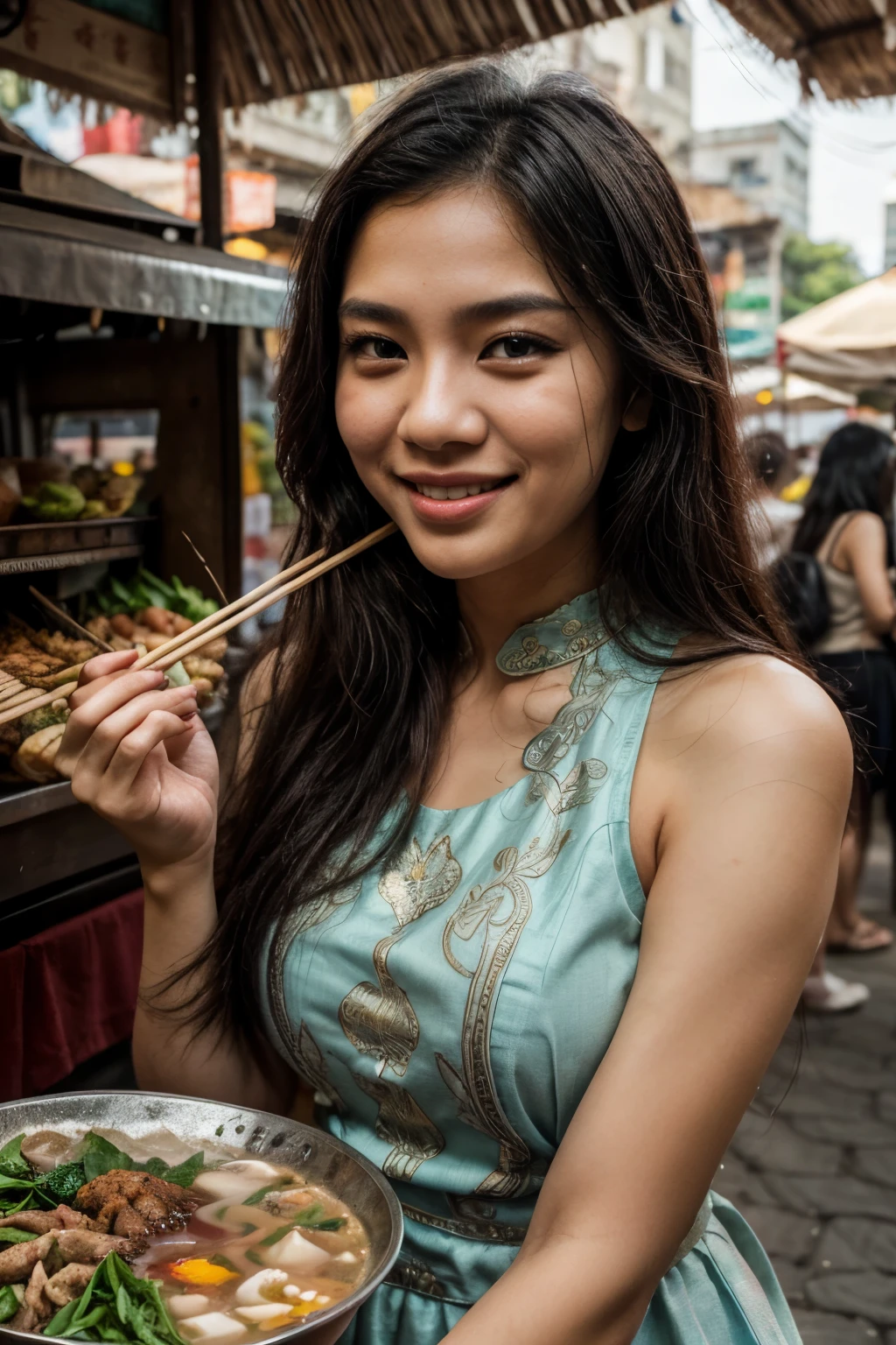 (best quality,4k,highres),ultra-detailed,realistic,portrait,traditional dress,cultural diversity,Laotian woman,20-year-old girl,blue ornate Asian dress,long black hair,beautiful detailed eyes,beautiful detailed lips,dumplings,chopsticks,happily eating at street stall,joyful expression,open-air market,delicious food,Asian cuisine,traditional street food,vibrant atmosphere,smiling with satisfaction,colorful surroundings,local flavors,authentic experience