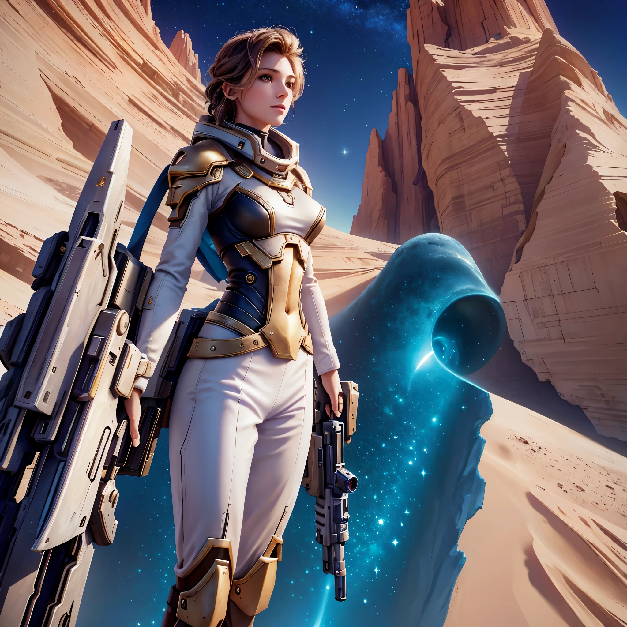 There&#39;s a woman standing in front of a spaceship with a gun, Surreal fantasy art, eternal doom, Women's SA, heaven planet in background, Inspired by Jane Victor, boy in foreground holding, orianna, gray orange, sand dune (2021) --16:9-5 o&#39;clock.1