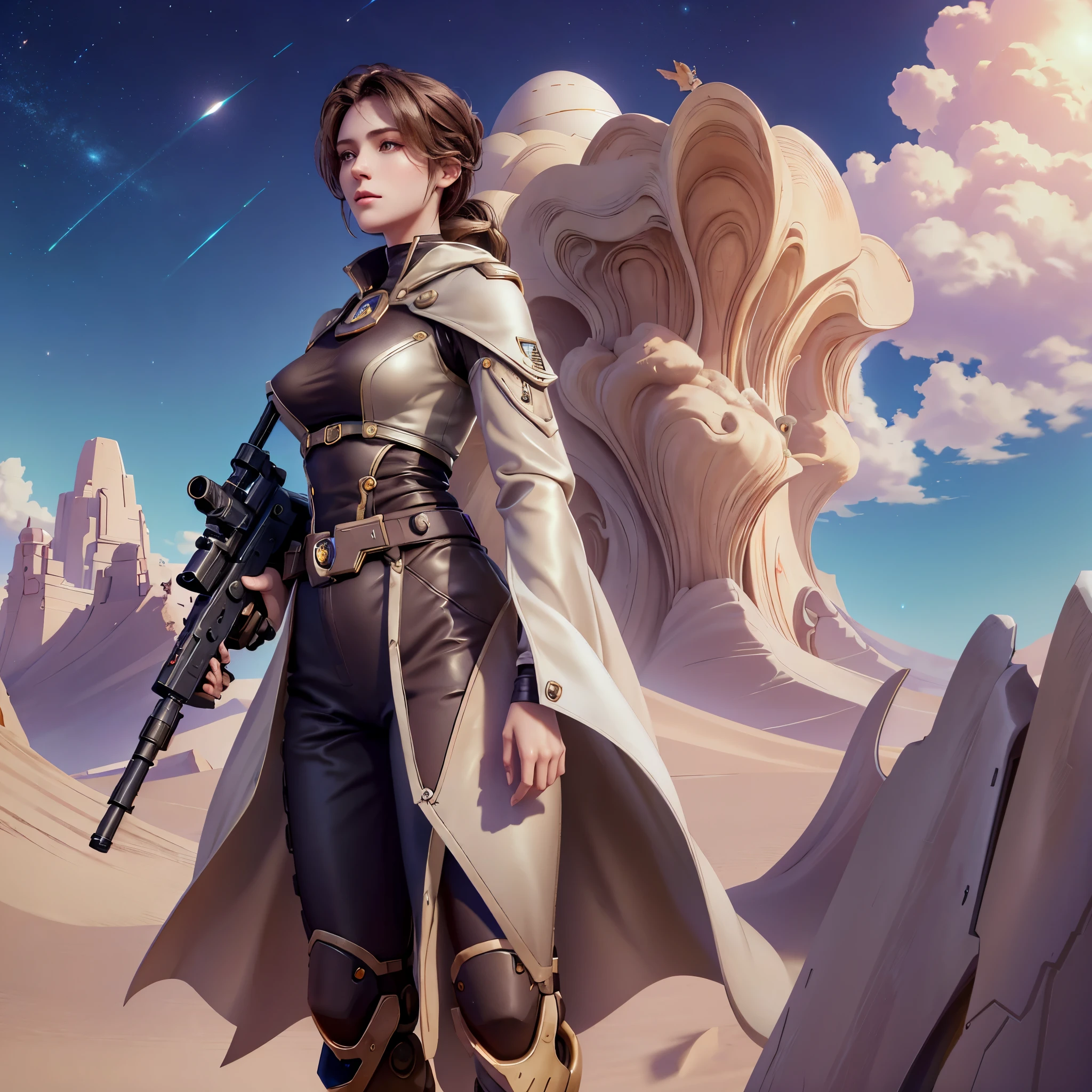 There's a woman standing in front of a spaceship with a gun, Surreal fantasy art, eternal doom, Women's SA, heaven planet in background, Inspired by Jane Victor, boy in foreground holding, orianna, gray orange, sand dune (2021) --16:9-5 o'clock.1