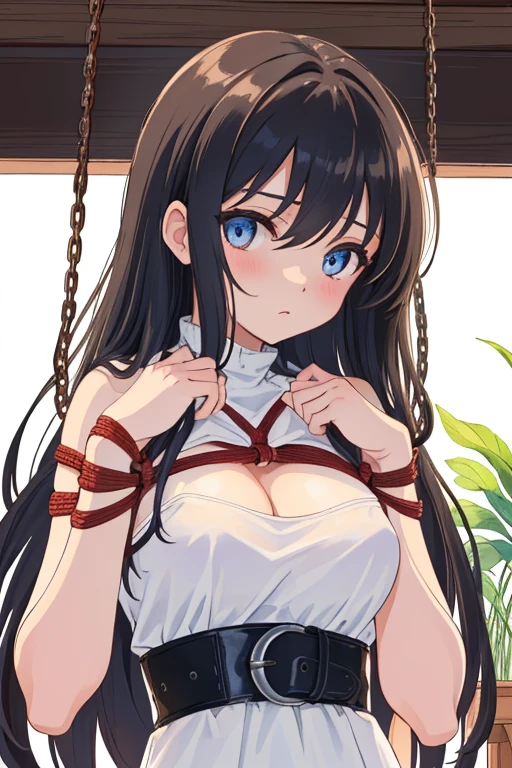 ((masterpiece)), ((best quality)), (ultra-detailed), ((sexy)), (ero),NSFW, underground,a cute girl, 1girl, solo, (white tanktop dress),(chain bound arms), (both hands are bound and is hung from the ceiling), BDSM,shibari,restrained,((thin waist)),((Torture that tightens the waist with a belt)),beautiful black hair, beautiful black eyes, (beautiful eyes), long hair,troubled expression