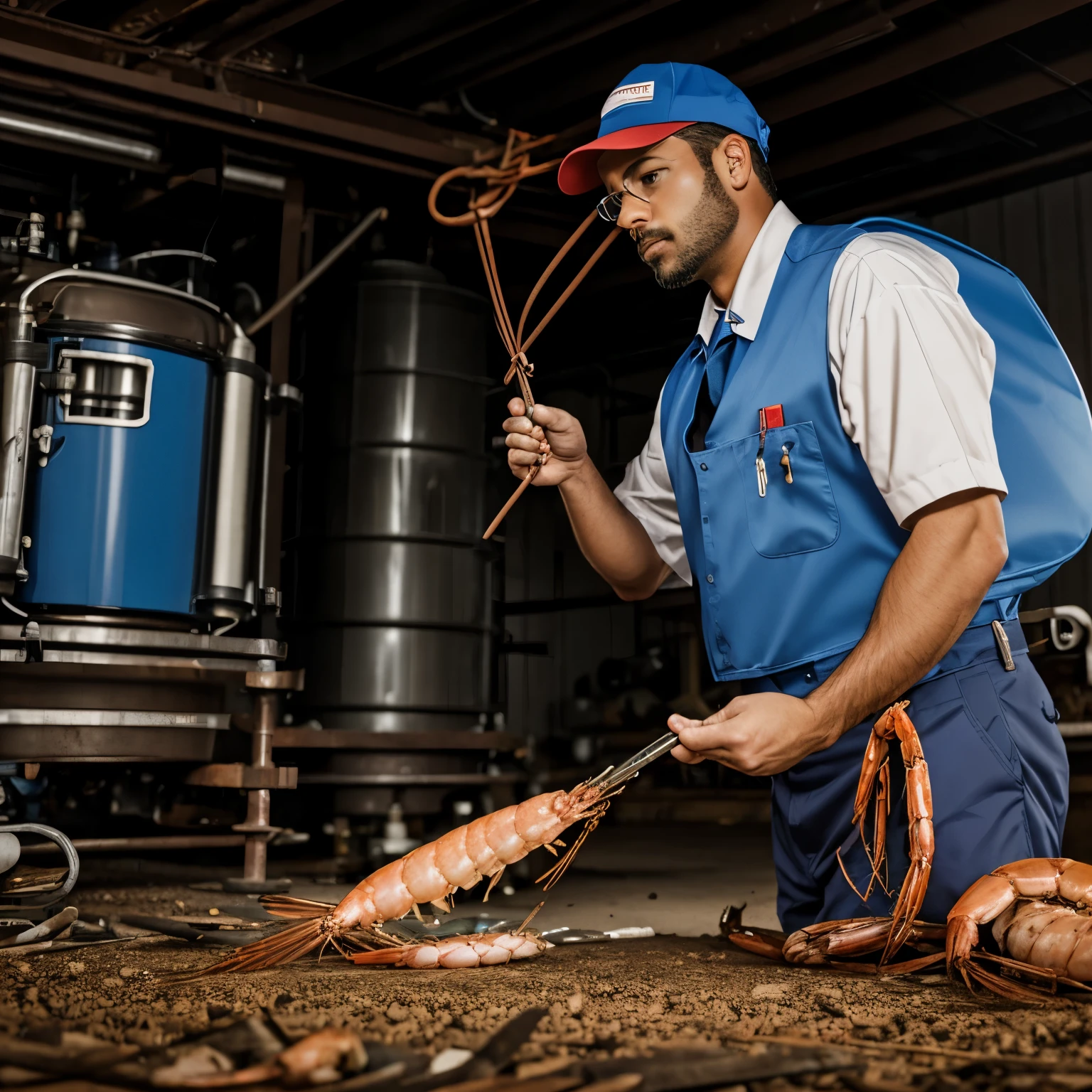 Shrimp cartoon as a blue collar worker
