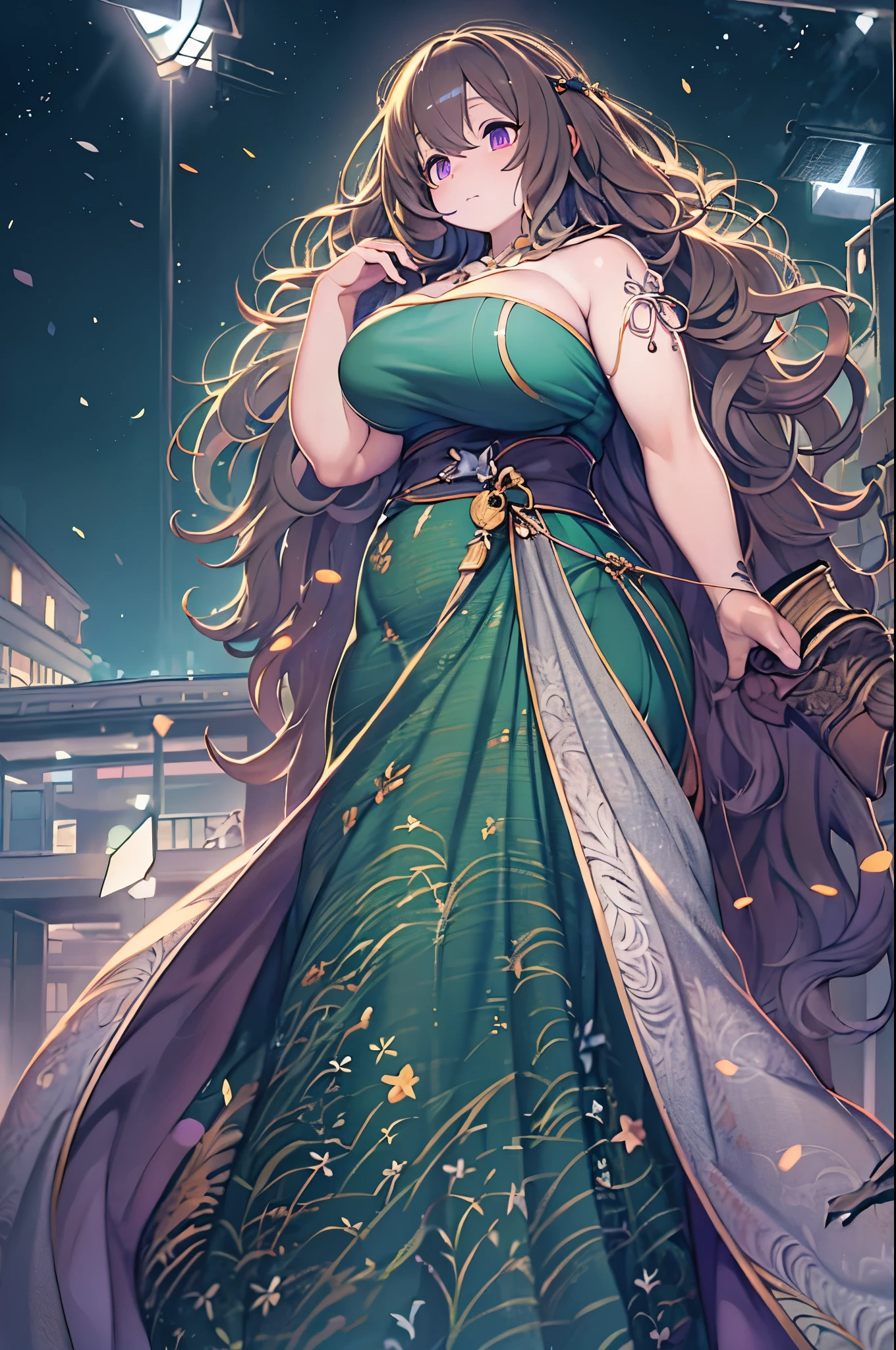 Detailed background, masutepiece, Best Quality, 1 person , Curly hair, Long hair, Purple eyes, Stars in the eyes , Strapless blouse, long  skirt、huge-breasted,bbw