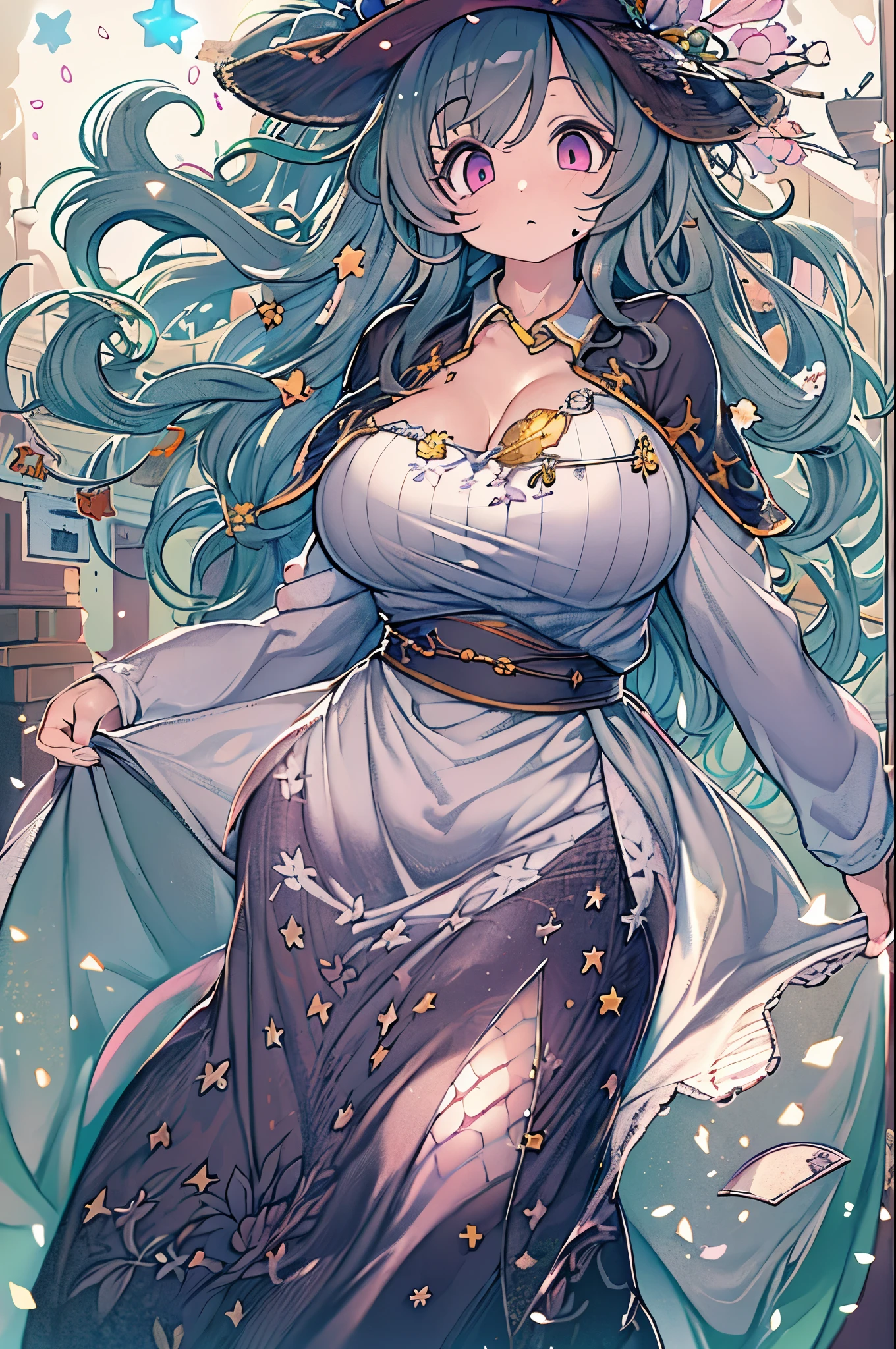 Detailed background, masutepiece, Best Quality, 1 person , Curly hair, Long hair, Purple eyes, Stars in the eyes , Strapless blouse, long  skirt、huge-breasted,bbw