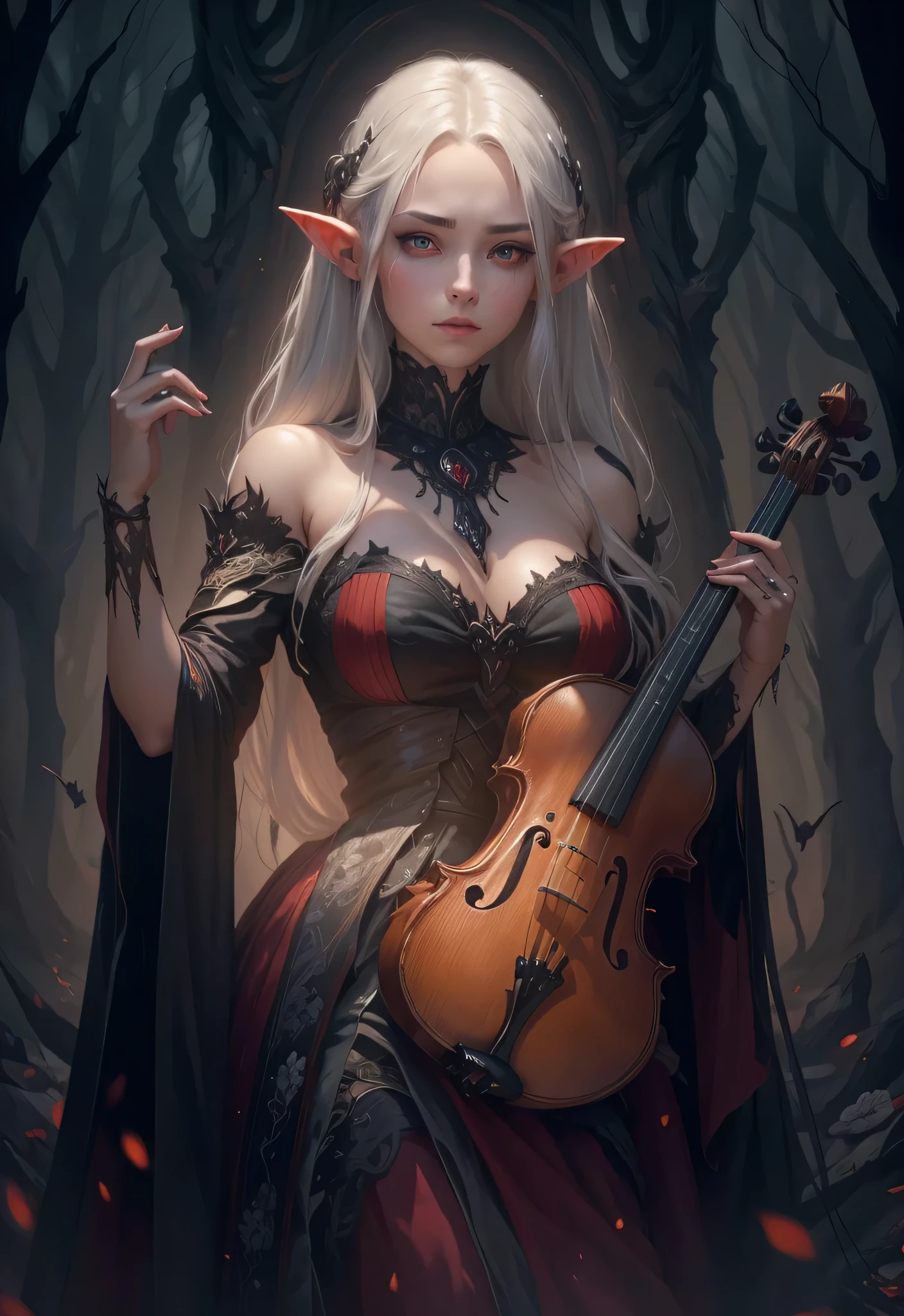 A beautiful elf with long silver hair is dressed in a luxurious black and red dress........., dancing with a violin in his hands, portraite of a. dark fantasy mixed with realism, dark and horror style, Dark Fantasy Forest, space and stars background Detailed horror graphics 4K, Detailed, highly Detailed faces. eerie and grim art style., dark concept art, highly Detailed exquisite fanart, fantasy concept art