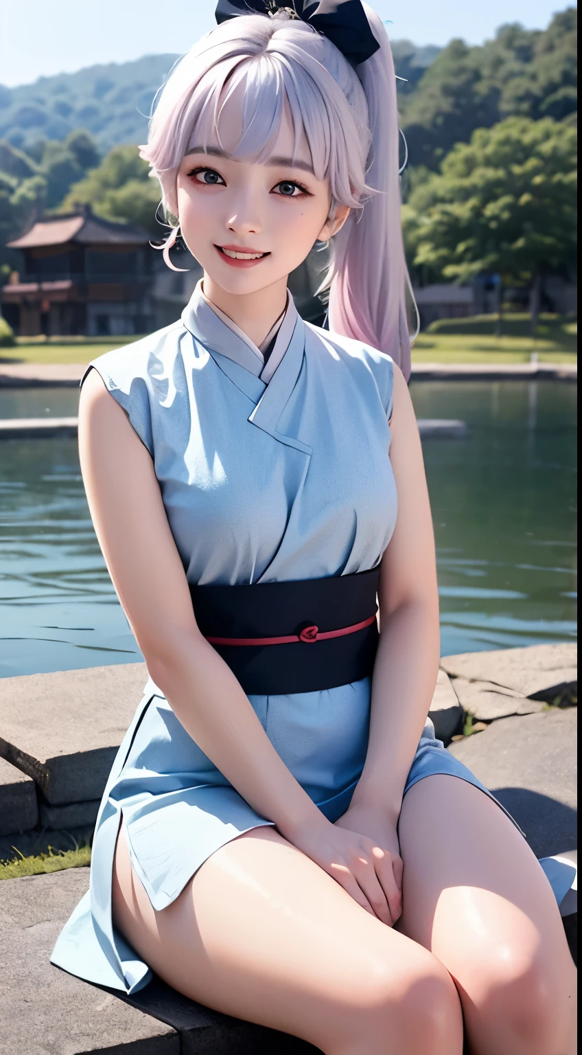 Best quality at best,tmasterpiece,Extremely Delicately Beautiful,The content is very detailed,CG,gatherings,8k wallpaper,An Astonishing,depth of fields,A 10-year-old Chinese girl,Wearing Chinese Hanfu,very beautiful clothes,Sitting on a stone by the lake,Very cute look,Innocent,delicate skin,Flawless Face,plain face,White hair,medium length gray hair,high ponytails,There are two strands of white hair on both sides of the ears,Wear pink hair accessories,skyblue eyes,Elaborate Eyes,Eyes sparkle,laughing very happily