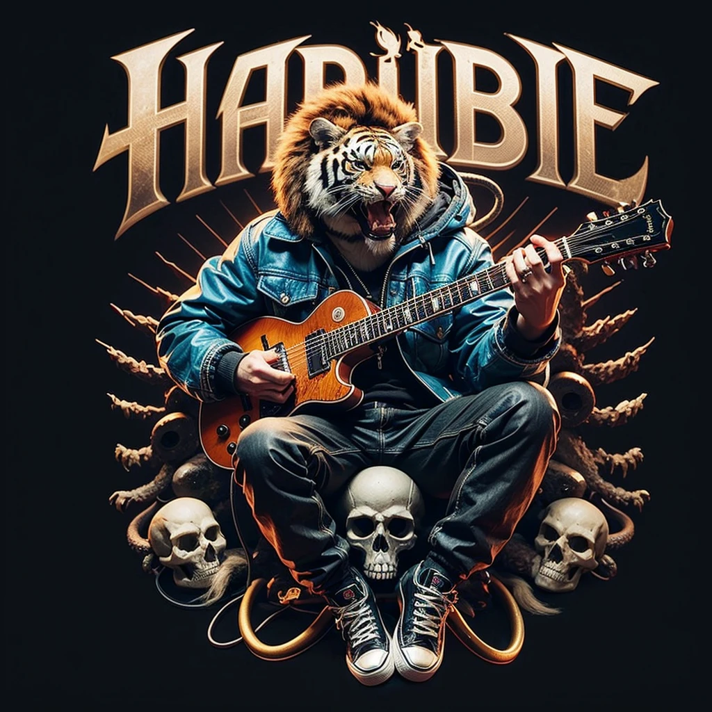 logo name (HABIBIE) font death metal,tiger wearing jacket and shoes,playing guitar,skull,3D,full colors, realistics,background black