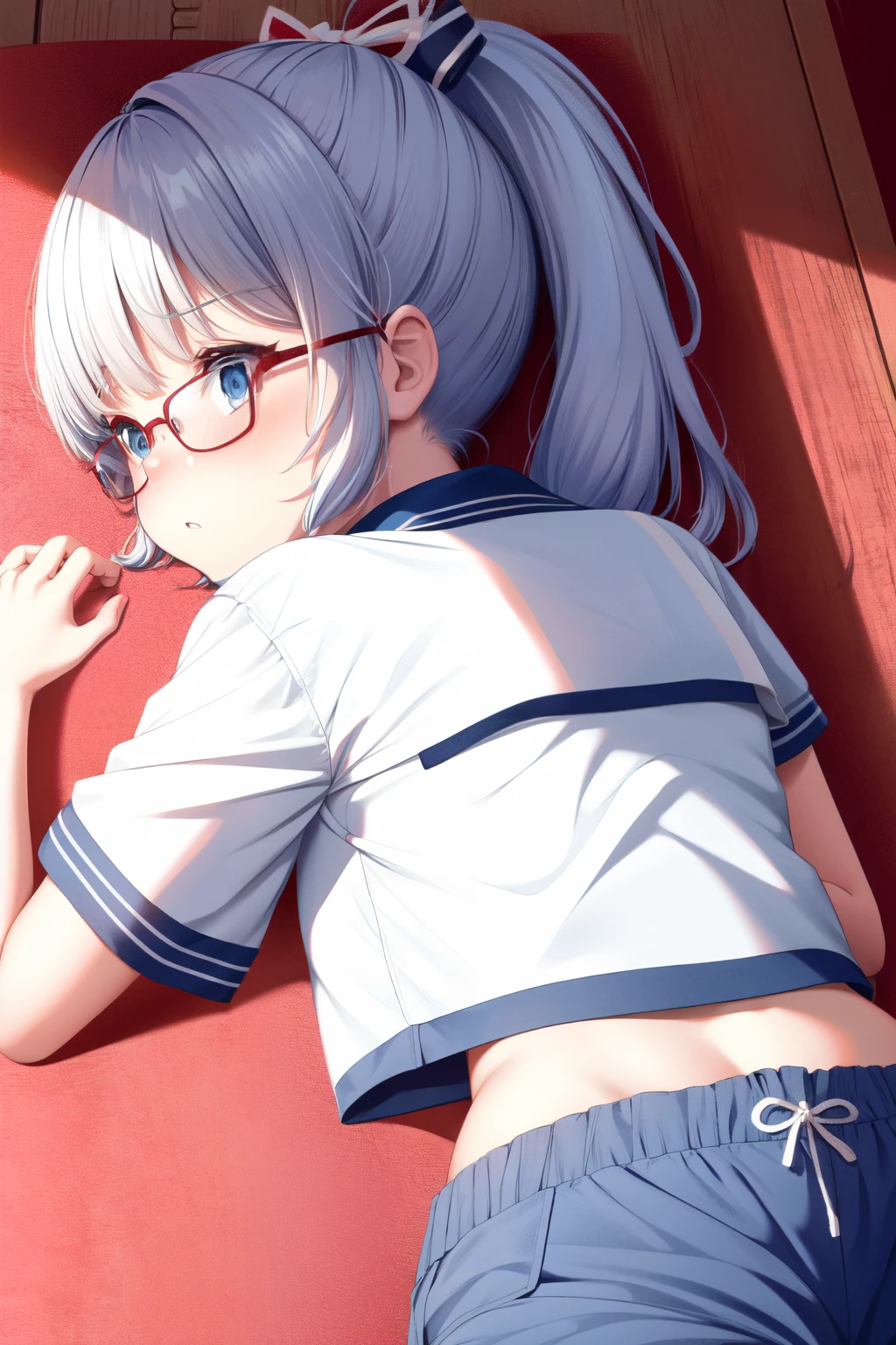 A high resolution, quality,  超quality, the ultra-detailed, lighting like a movie、small tit、School rooftop、(Lie on the floor)、、embarrassed from、Silver hair high ponytail、red framed glasses、skyblue eyes，Wear sweaty、Covered in sweat、Light blue floral pants、Short sleeved black sailor suit、perfect hips、The chest is quite large、､Delicate lingerie、 s、Limited to 18 people、(from back)