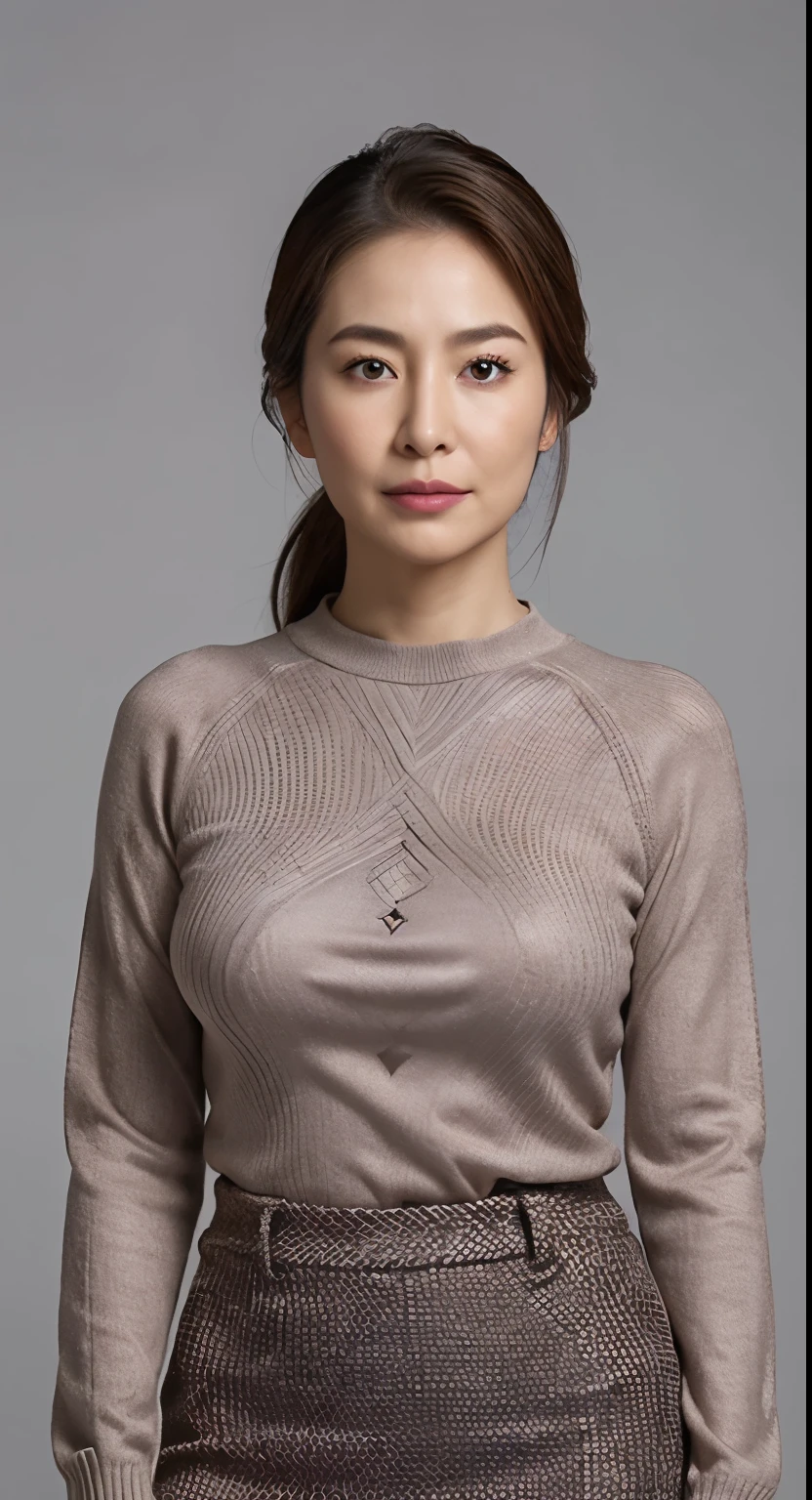 hight resolution, high-level image quality, high detailing, ​masterpiece, Textured skin, tre anatomically correct, sharp, greybackground((japanese mature, 80years old)), 独奏, ((Wrinkles on the face)), large breasts with good shape, Light brown straight hair that reaches to the shoulders, chubby figure (((Stand upright facing the center of the screen))), Close your mouth and look straight ahead with a serious face, Sweaters, skirt by the, ((cowboy  shot)),