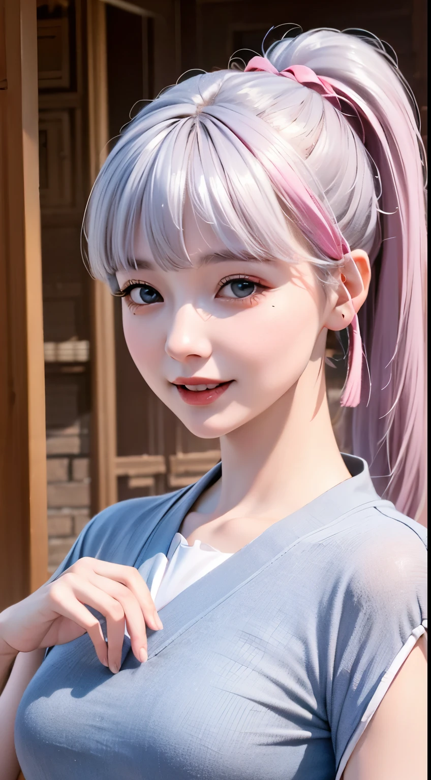 Best quality，tmasterpiece，Extremely Delicately Beautiful，The content is very detailed，CG，gatherings，8k wallpaper，An Astonishing，depth of fields，A 10-year-old Chinese girl，Wearing Chinese Hanfu，very beautiful clothes，Play by the seery cute look，Innocent，delicate skin，Flawless Face，plain face，White hair，medium length gray hair，high ponytails，There are two strands of white hair on both sides of the ears，Wear pink hair accessories，skyblue eyes，Elaborate Eyes，sparkle in eyes，laughing very happily