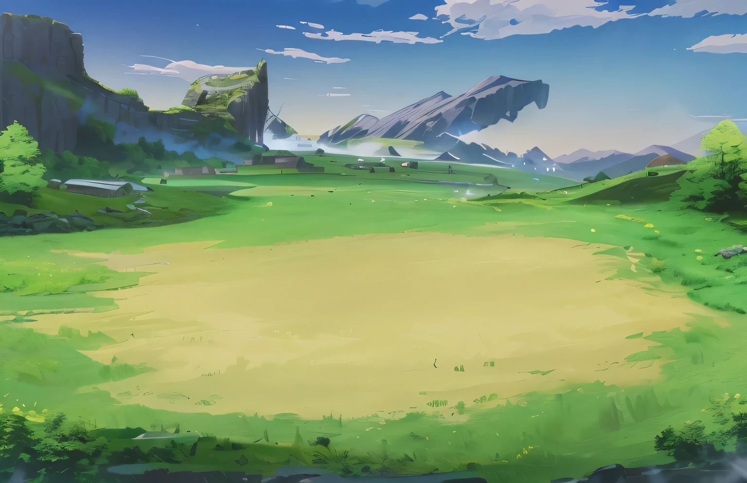 There is a picture,In the background is a green field,There is a mountain, odin's stone arena background, arena background, arte de fundo, background aerial battle, 魔幻battleground background, battleground background, , distant village background, breezy background, grassy fields, background is the ruins, background battlefield, Ancient site background, background hyper detailed