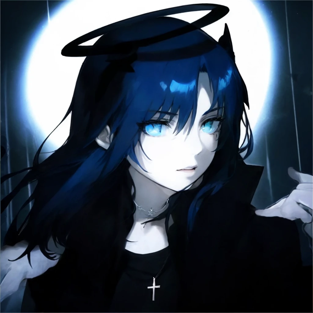 ((Best quality at best)), ((tmasterpiece)), (Detailed pubic hair), Perfect face, stunningly cool girl，Long blue-black hair，A pair of dark horns on the head，There is a halo above the head，Cyan pupils and black vertical pupils，The eyelashes are very long，Slender eyebrows，Delicate and three-dimensional facial features，Handsome nose，Perfect face shape，The expression is grim，Wearing a black coat，Wearing a cross necklace on the chest，Wearing one black and one white gloves on the hands，Close-up of the eyes