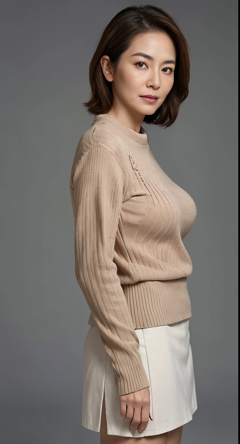 Bust shot, wearing a sweater and pleated skirt, 1 girl with a beautiful face, Ukrainian Beautiful Woman, (top quality, masterpiece, super high resolution, (Photoreal: 1.4), soft large breasts, pokies, luxurious interior, beautiful lighting), smile, seductive pose, short hair, showing her pussy