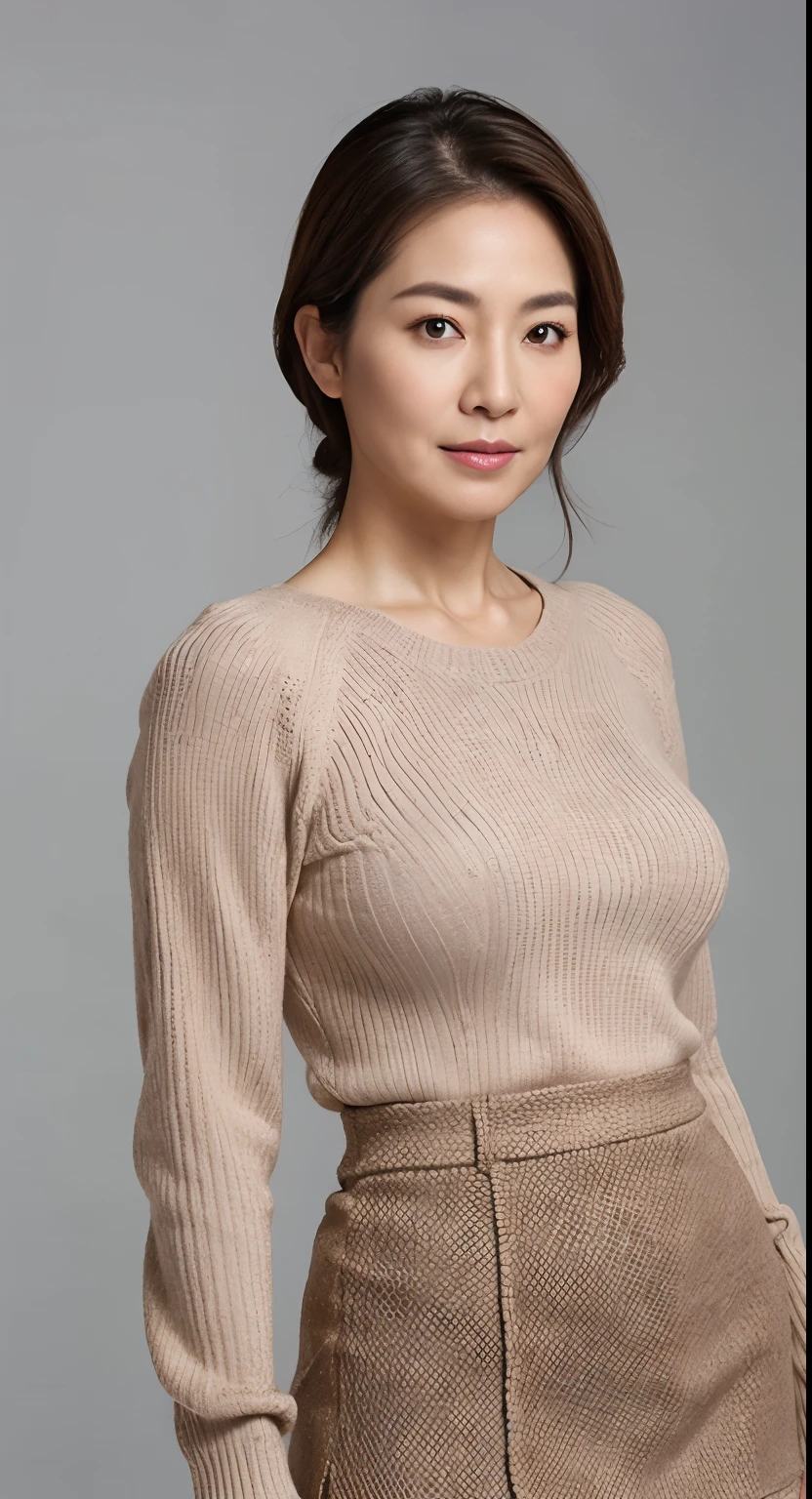 hight resolution, high-level image quality, high detailing, ​masterpiece, Textured skin, tre anatomically correct, sharp, greybackground((japanese mature, 75 years old)), 独奏, ((Wrinkles on the face)), large breasts with good shape, Light brown straight hair that reaches to the shoulders, chubby figure (((Stand upright facing the center of the screen))), Close your mouth and look straight ahead with a serious face, Sweaters, skirt by the, ((cowboy  shot)),