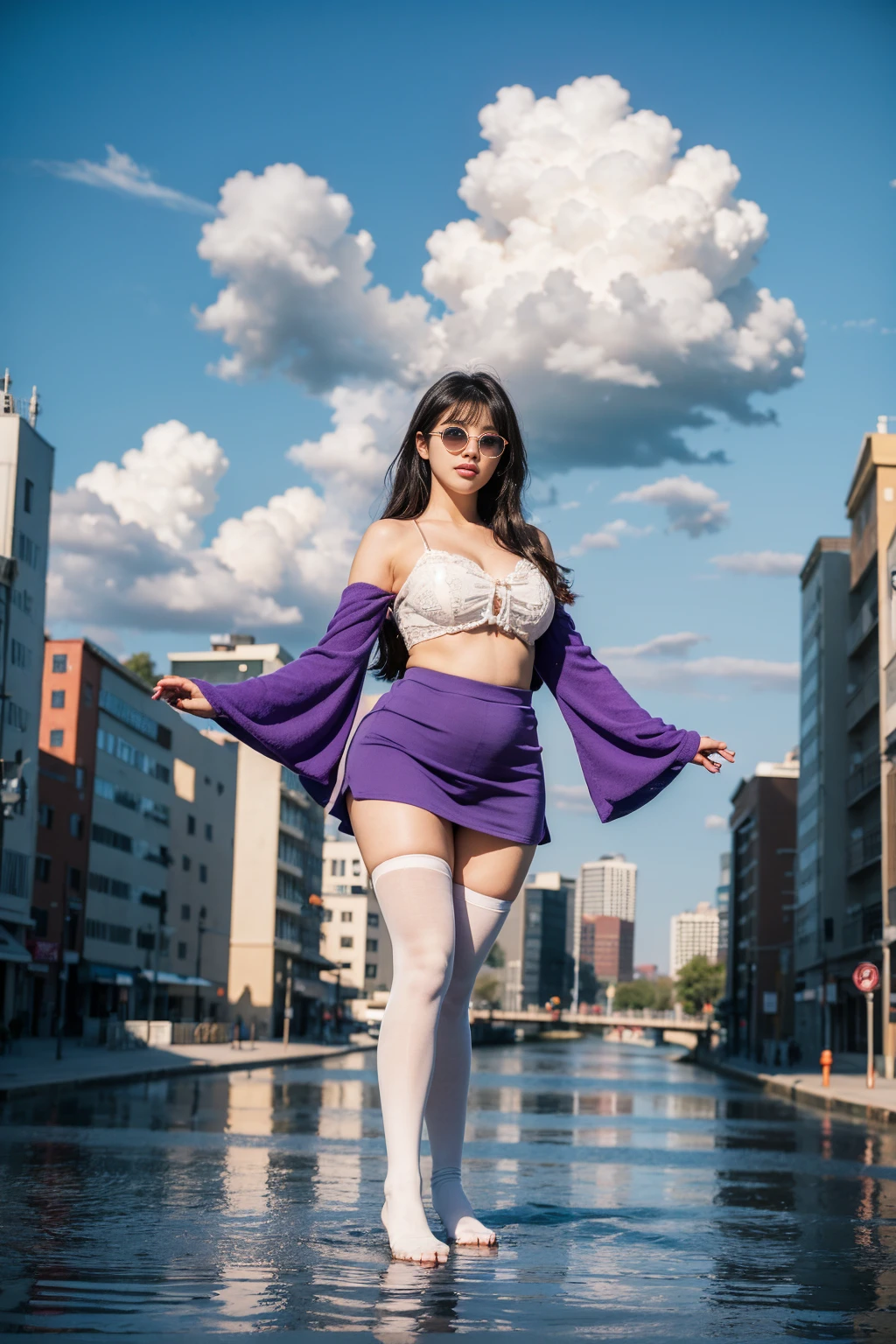 tmasterpiece, Best quality at best,kfc, 2 girls with very plump figures, By bangs, Bare bare_bshoulders, a skirt, , mitts, jewely, bigger_, long_the hair, long_the sleeve, lacepantyhose, The purple_The eye, The purple_the hair, The shirt, Alone,peeping at the viewer,sunsglasses,比基尼, (suns, clouds,Renaissance water city,Outdoor activities :1.1),render in blender((isometry)),