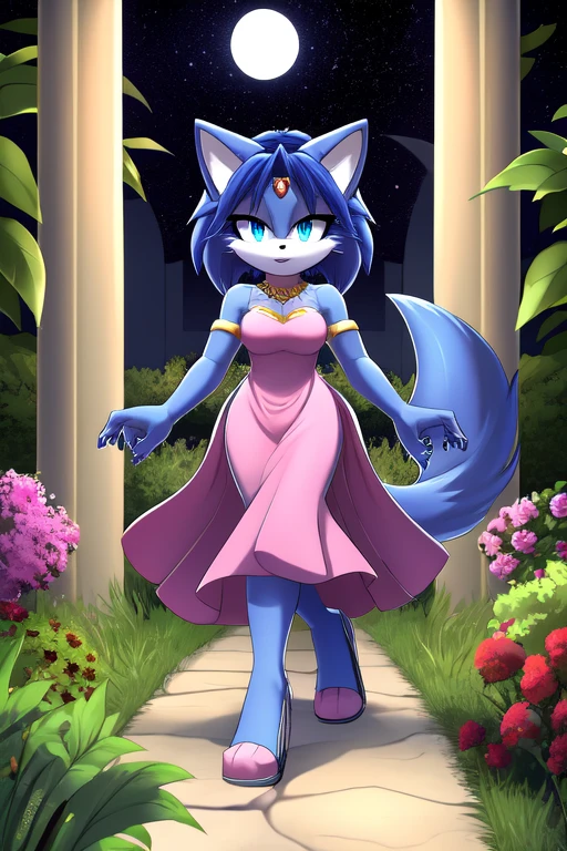 2D illustration, Krystal the fox, blue fox, medium breasts, strapless, off shoulder, white dress, forest, smile, standing, 12.1