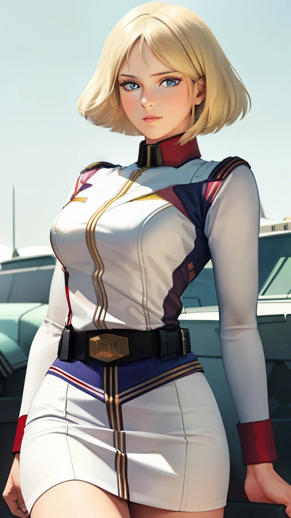 1girl in, sayla mass, Elegant, masutepiece, Convoluted, Ultra mini skirt、federal army uniform、Realistic, Best Quality, absurderes, high face detail, Perfect eyes, 18 years old, Cowboy Shot, Realization、, Vibrant colors, White uniform, Skirt