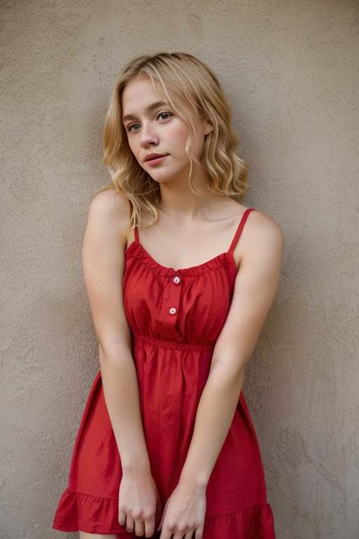 21 old,cute,blonde,young,natural colors,red dress,