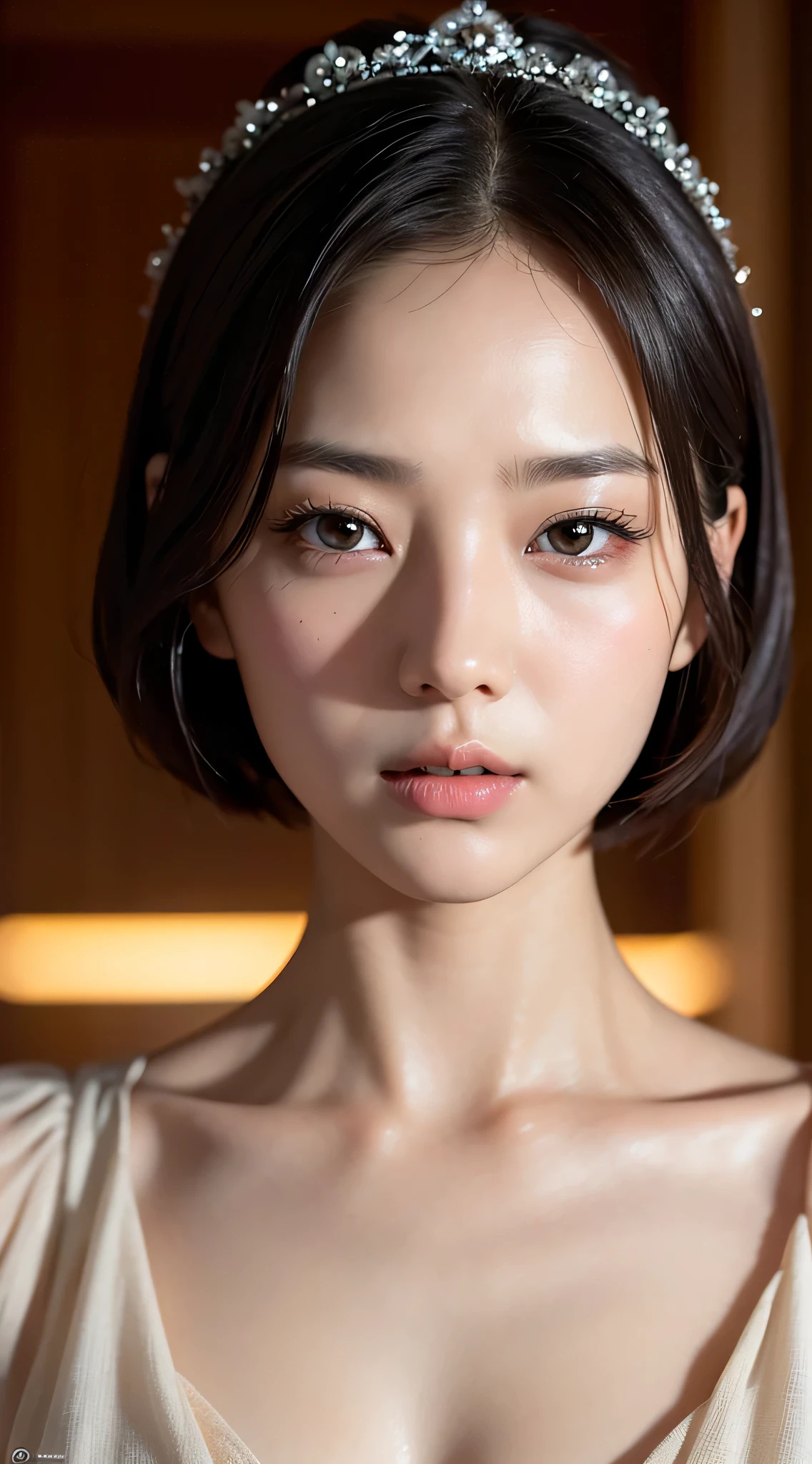 （Stanford University：1.5）， Close-up cleavage， tmasterpiece， Best quality at best， RAW photogr， realistically， the face， Incredibly ridiculous reeuaty girl， Cute big breasts， Short hair details， depth of fields， A high resolution， ultra - detailed， Detailed pubic hair， The content is very detailed， 内容非常Detailed pubic hair眼睛和the face部， Sharp pupils， realistically的瞳孔， 锐利焦点照明女人的Close-up cleavage肖像&#39;透过破碎的玻璃看到她的the face, Conveying deep emotions through her eyes. Her gaze was deep，with a hint of mystery. The lighting at the scene is dim, 聚焦在柔和灯光照射下的她的the face上, Highlight her expressive eyes and subtle features. Image color contrast, Create dramatic effects. Thoughtful text is also integrated into the design, Add artistic quality and depth.