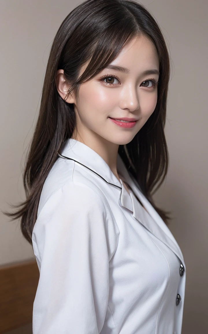 masutepiece, Best Quality, Illustration, Ultra-detailed, finely detail, hight resolution, 8K Wallpaper, Perfect dynamic composition, Beautiful detailed eyes, Doctor's attire,Bob Hair, mid-chest, Natural Color Lip, Random and sexy poses,Smile,20 years girl、Colossal tits、Examination room、stethoscope