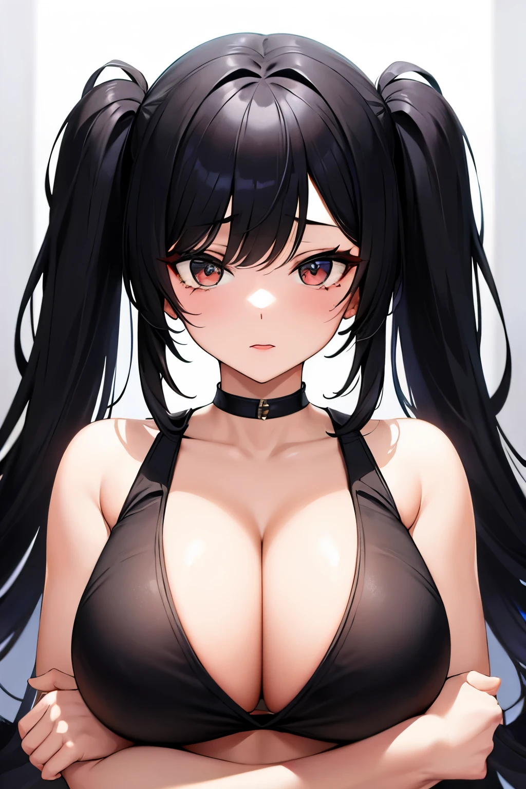 Beautiful woman, twintails, black hair, shyness, big breasts, cleavage, sexy,