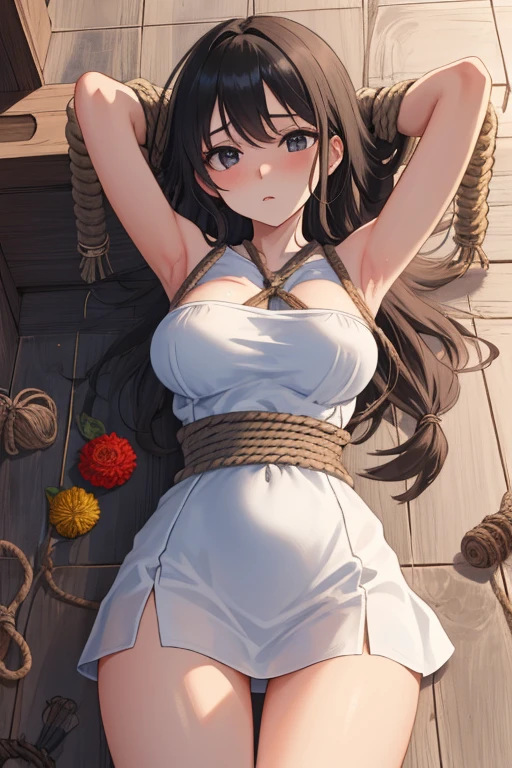 ((masterpiece)), ((best quality)), (ultra-detailed), ((sexy)), (ero),NSFW, underground,a cute girl, 1girl, solo, (white tanktop dress),(rope bound arms), (both hands are bound and is hung from the ceiling), BDSM,shibari,restrained,((thin waist)),((Torture that tightens the waist with a hemp rope)),beautiful black hair, beautiful black eyes, (beautiful eyes), long hair,troubled expression