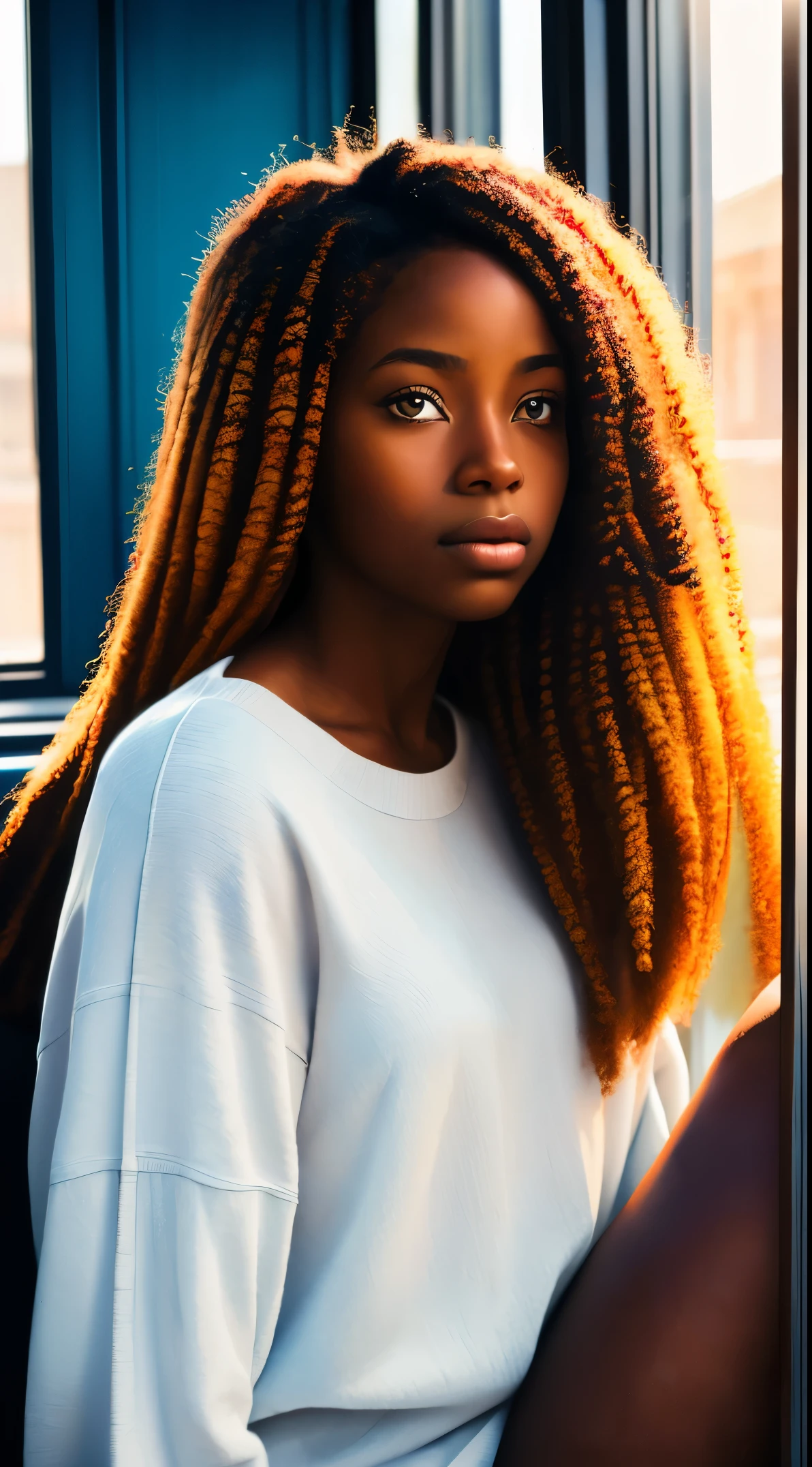 a woman with a long hair, inspired by Chinwe Chukwuogo-Roy, pretty black girl, african american girl, black teenage girl, sitting near a window, natural_light, watercolor portrait, trending on artstration, apathetic, highly detailed, 8k, uhd