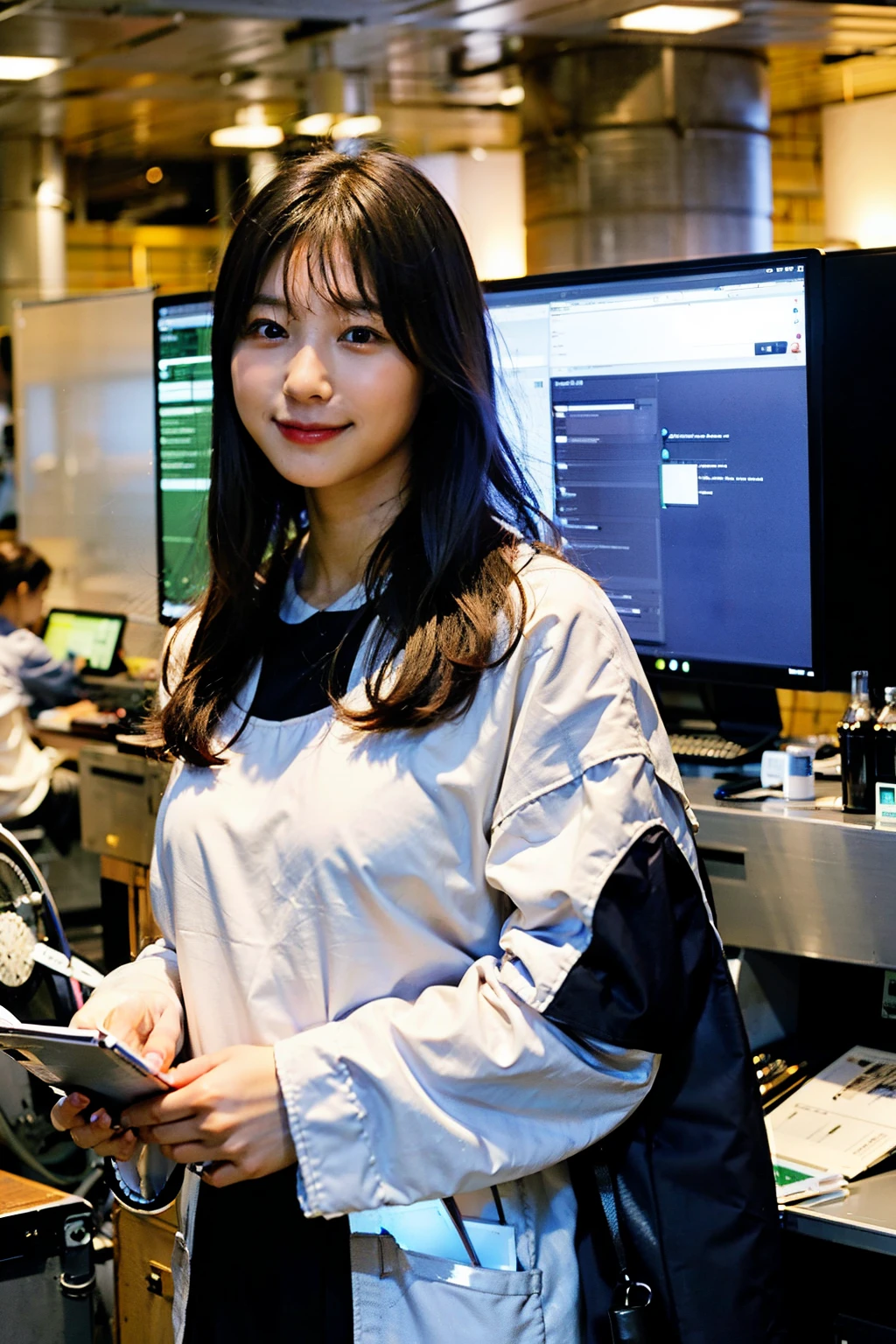 An engineer dressed as a young black-haired woman with a serious expression, The background is a large scientific observatory with a large screen and many staff.、Smile.