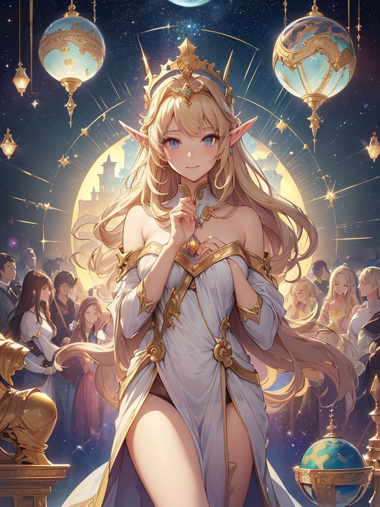 top-quality、Top image quality、​masterpiece、Super beautiful elf beauty((24 year old、Best Bust、big bast、Bust 90,beautiful long ironed hair、a blond、globe、A sexy、A slender、a closeup、Esbian、beautiful tiara、hiquality、Beautiful Art、Background with((starrysky)))masutepiece、visualart、depth of fields、low angle of morning sky、、Elven ears、、light magic、Space Knight、harp melody🎵、Happy smile、Gentle light、、Beautiful legs that are gentle on the skin、、、Number of fingers to achieve precise finger movements、ticker beautiful decorative underwear、elegent、Mystical　Rosa、　Heaven、Marble pillars, beautiful dressy、magnificent marble dome、巨大なglobe、religious painting、holding the earth、Temple of Time、Great watch、hour glass、sundial、moment of creation！myth、alphonse mucha art、art noveau、byzantine art、folding screen picture、gold foil、