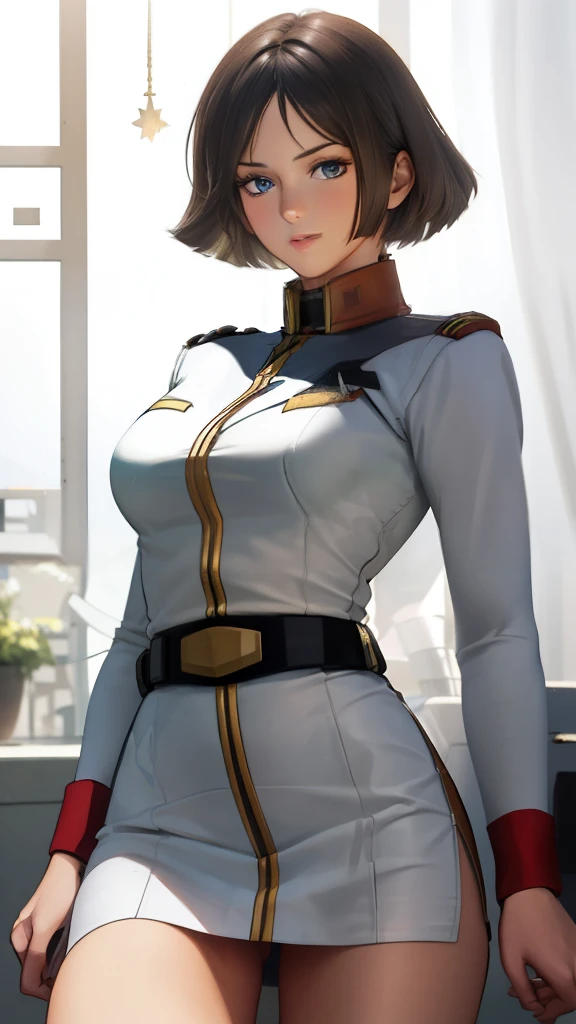 1girl in, sayla mass, Elegant, masutepiece, Convoluted, Ultra mini skirt、federal army uniform、miniskirt showing panties、white panty、Realistic, Best Quality, absurderes, high face detail, Perfect eyes, 18 years old, Cowboy Shot, realization、, Vibrant colors, White uniform, Skirt