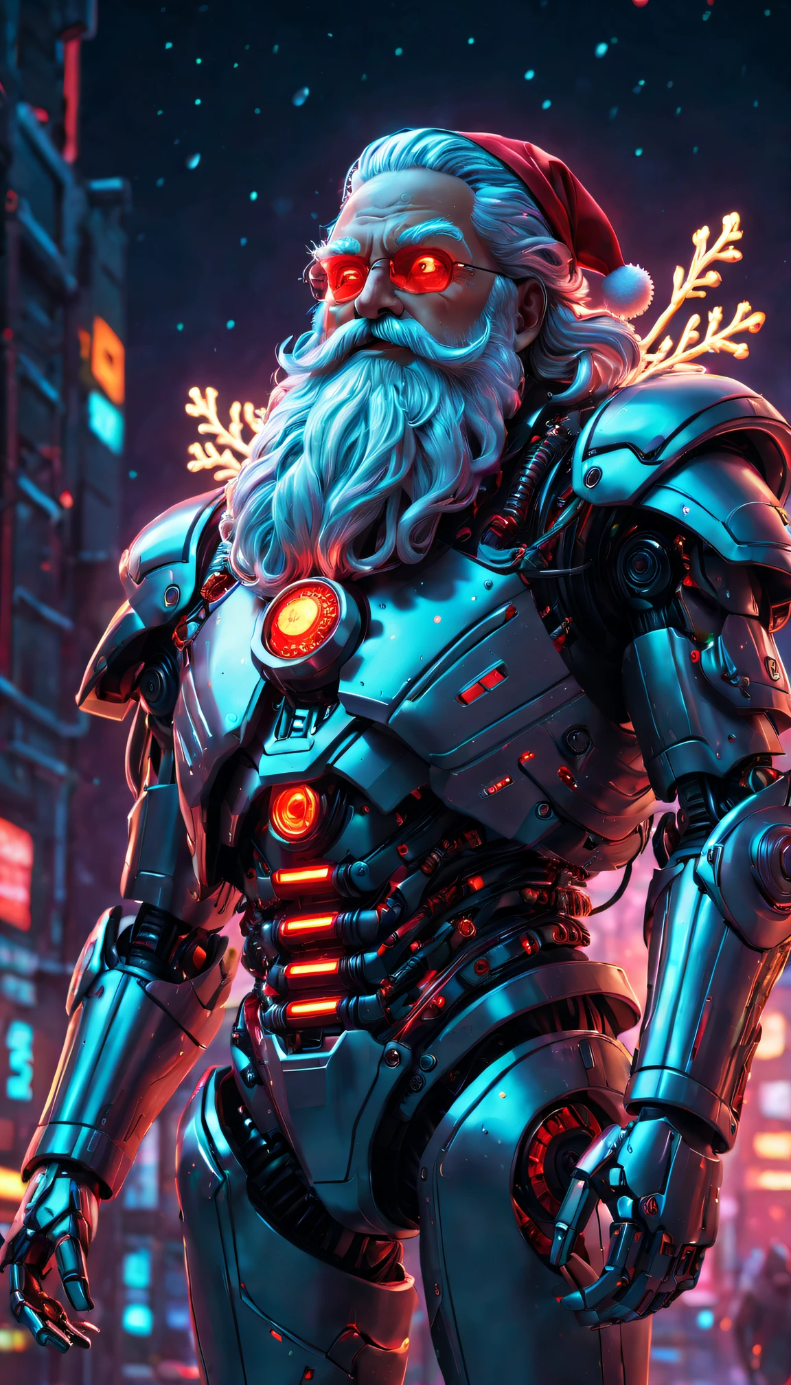 cybernetic santa claus, Robotic arm with intricate details, Futuristic exoskeleton suit, luminous red eyes, Metal beard and hair, Neon lights illuminate the night sky, Pixelated snowflakes falling, ultra - detailed, A high resolution, HighDynamicRange, physically-based renderingt, sci-fy, vivd colour, futuristic lighting