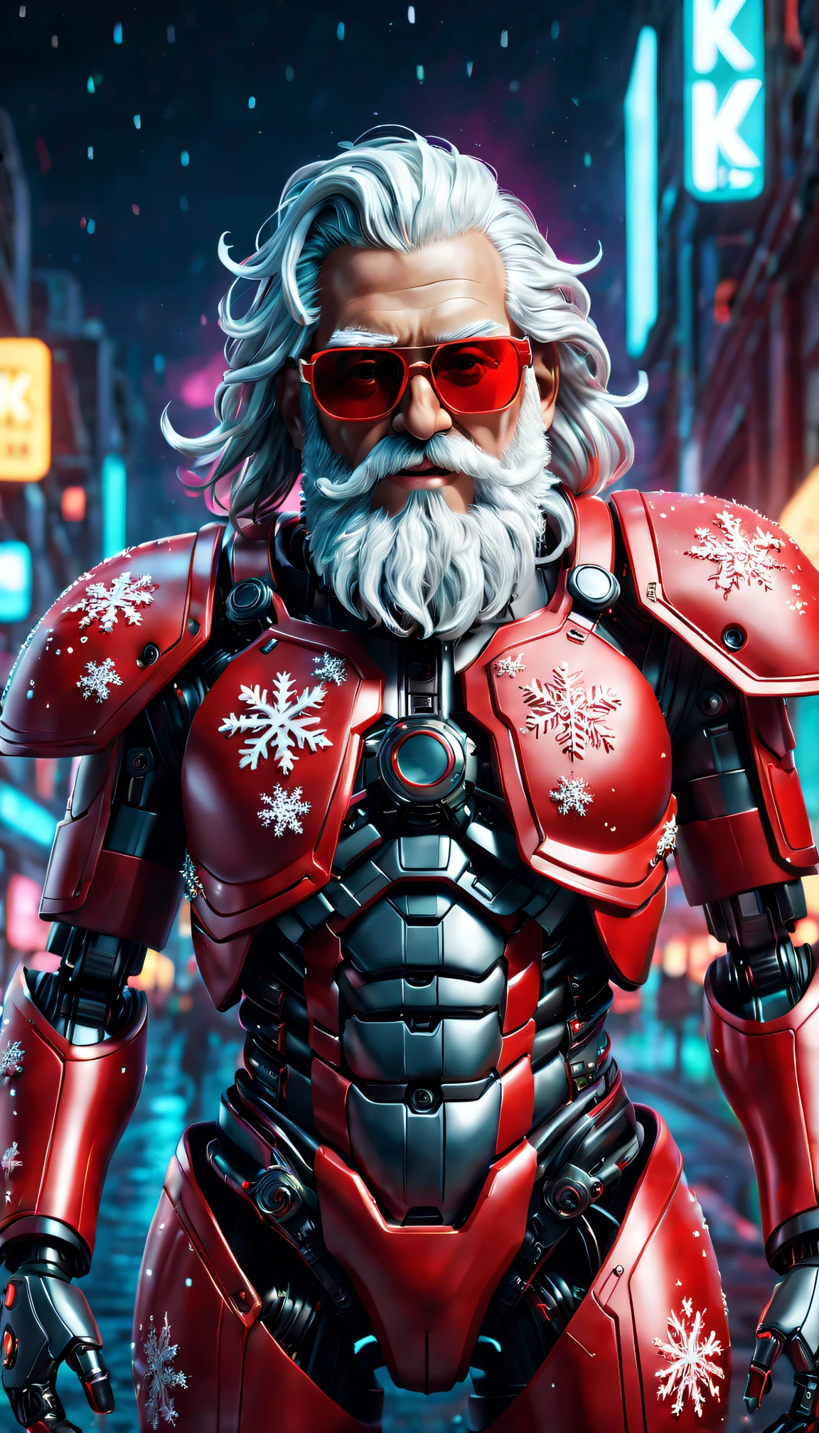 cybernetic santa claus, Robotic arm with intricate details, Futuristic exoskeleton suit, Glowing red sunglasses, Metal beard and hair, Neon lights illuminate the night sky, Pixelated snowflakes falling, ultra - detailed, A high resolution, HighDynamicRange, physically-based renderingt, sci-fy, vivd colour, futuristic lighting,(Best quality at best,4K,8K,A high resolution,tmasterpiece:1.2),ultra - detailed,(actual,photoactual,photo-actual:1.37).