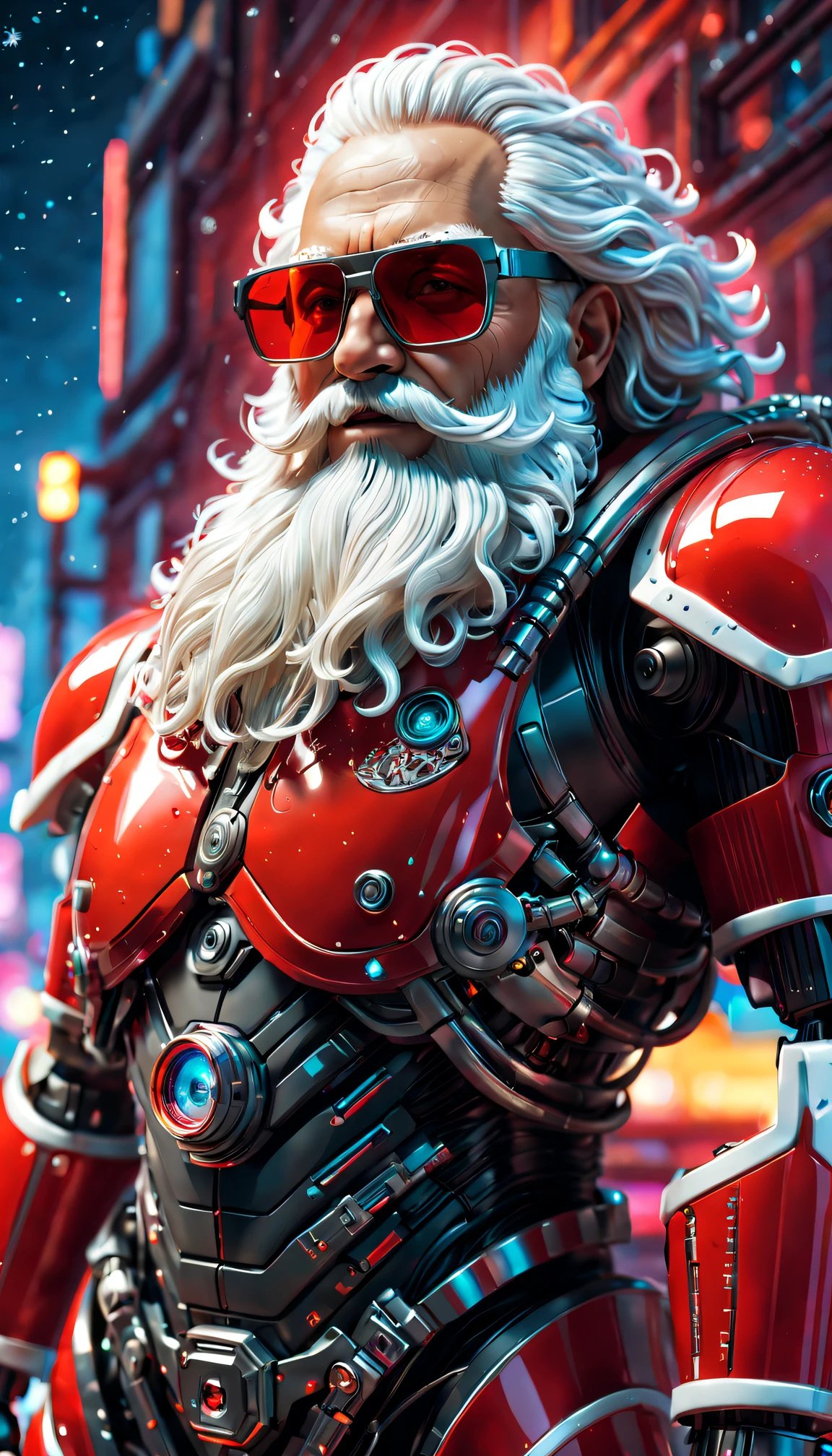 cybernetic santa claus, Robotic arm with intricate details, Futuristic exoskeleton suit, Glowing red sunglasses, Metal beard and hair, Neon lights illuminate the night sky, Pixelated snowflakes falling, ultra - detailed, A high resolution, HighDynamicRange, physically-based renderingt, sci-fy, vivd colour, futuristic lighting,(Best quality at best,4K,8K,A high resolution,tmasterpiece:1.2),ultra - detailed,(actual,photoactual,photo-actual:1.37).