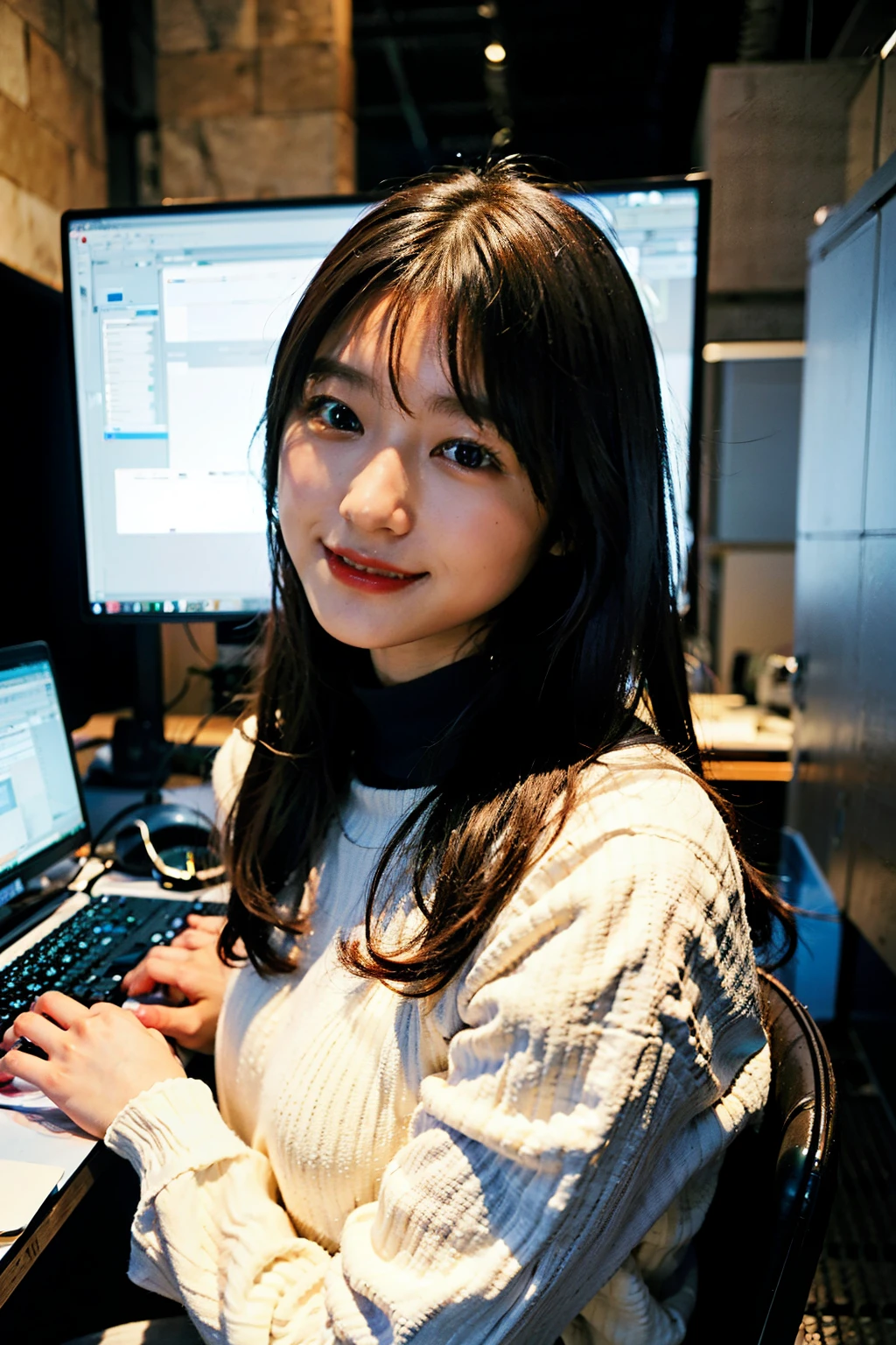 An engineer dressed as a young black-haired woman with a serious expression, The background is a large scientific observatory with a large screen and many staff.、Smile.