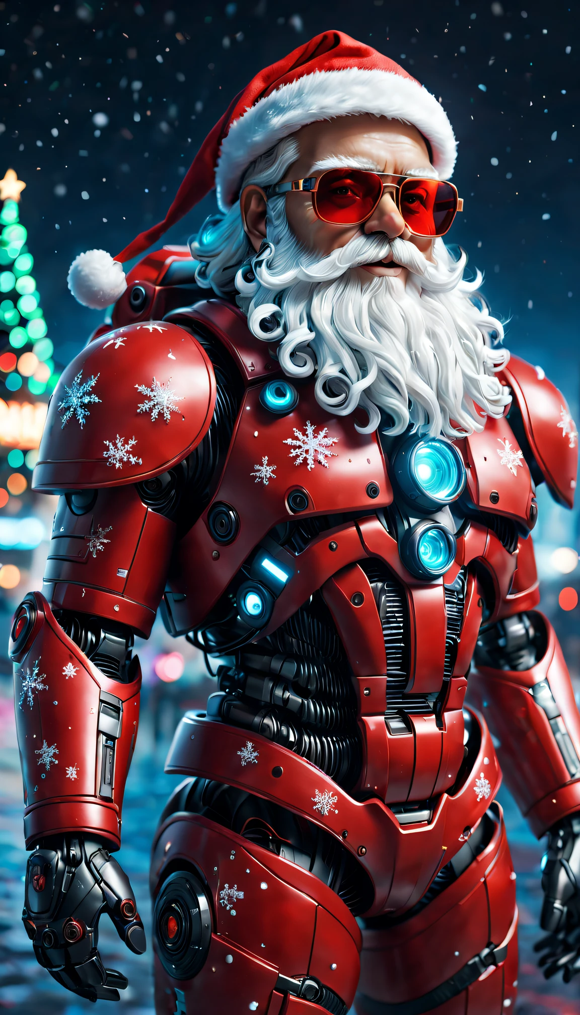 cybernetic santa claus, Robotic arm with intricate details, Futuristic exoskeleton suit, Glowing red sunglasses, put on santa hat,Metal beard and hair, Neon lights illuminate the night sky, Pixelated snowflakes falling, ultra - detailed, A high resolution, HighDynamicRange, physically-based renderingt, sci-fy, vivd colour, futuristic lighting,(Best quality at best,4K,8K,A high resolution,tmasterpiece:1.2),ultra - detailed,(actual,photoactual,photo-actual:1.37).